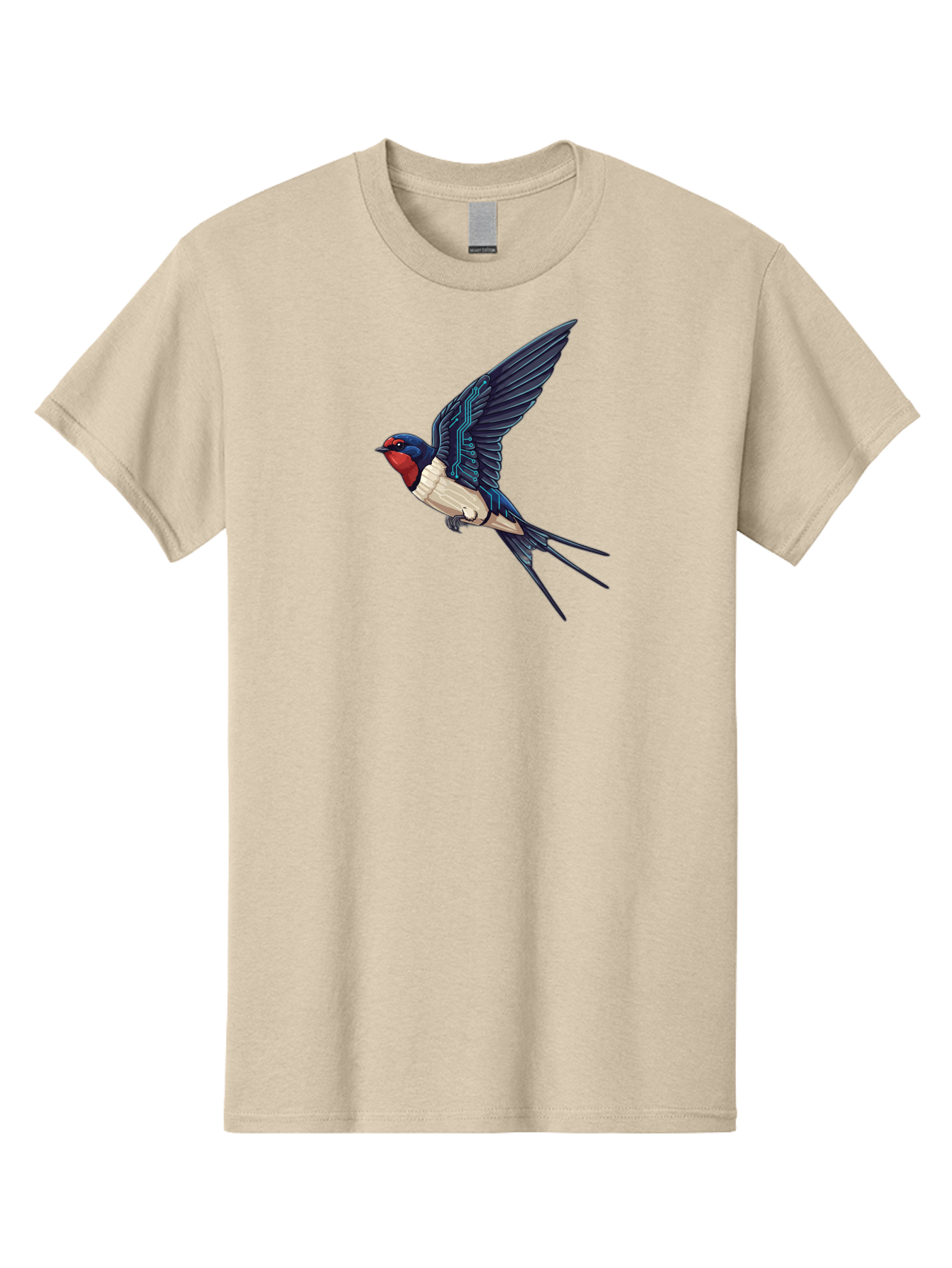 Swallow-3 Men'S Graphic Tee, 100% Cotton, Comfortable Casual Summer Wear, Machine Washable, Barn Swallow In Flight, Blue And White Plumage, Red Face, Sleek Design, Futuristic Elements, Circuit Board Wings, Wildlife Art, Stylized Bird, Bae291 15