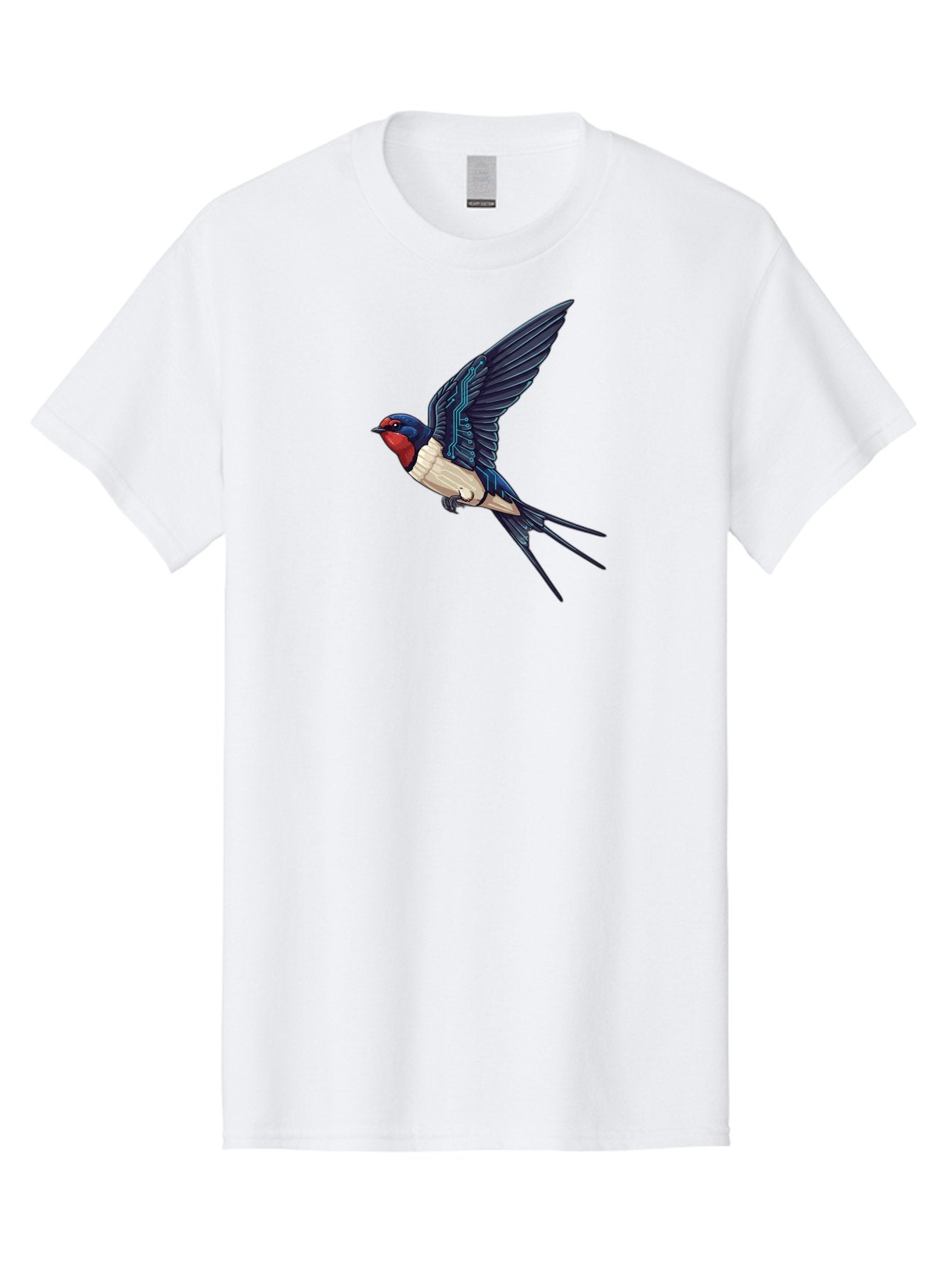 Swallow-3 Men'S Graphic Tee, 100% Cotton, Comfortable Casual Summer Wear, Machine Washable, Barn Swallow In Flight, Blue And White Plumage, Red Face, Sleek Design, Futuristic Elements, Circuit Board Wings, Wildlife Art, Stylized Bird, Bae291