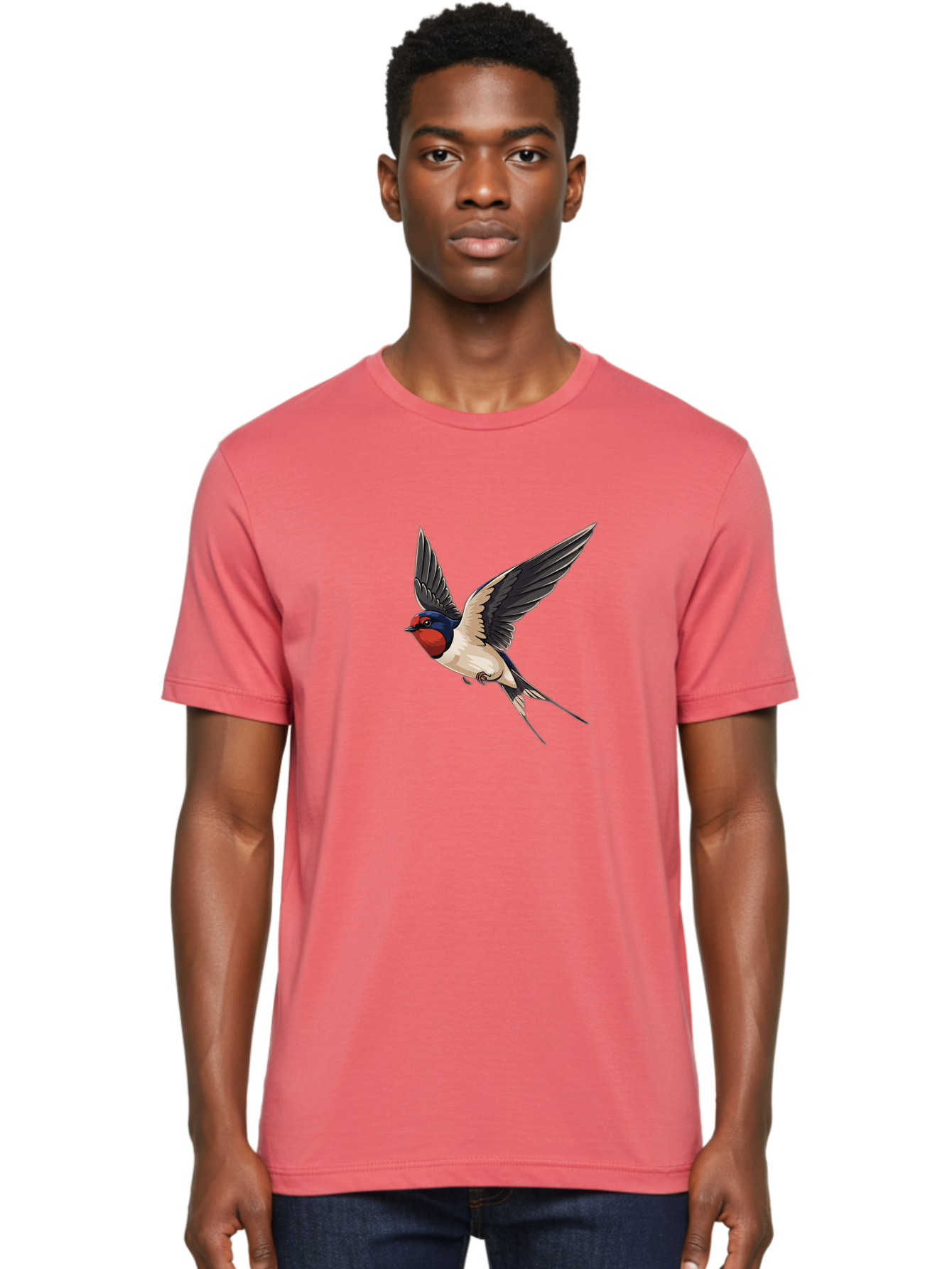 Swallow-Bird-In-Flight Men'S Graphic Tee, 100% Cotton, Comfortable Casual Summer Wear, Machine Washable, Swallow Bird In Flight, Red Face, Blue Head, White Belly, Black Wings, Bird Species, Wildlife Illustration, Flying Bird, Animal Art Bae293 22