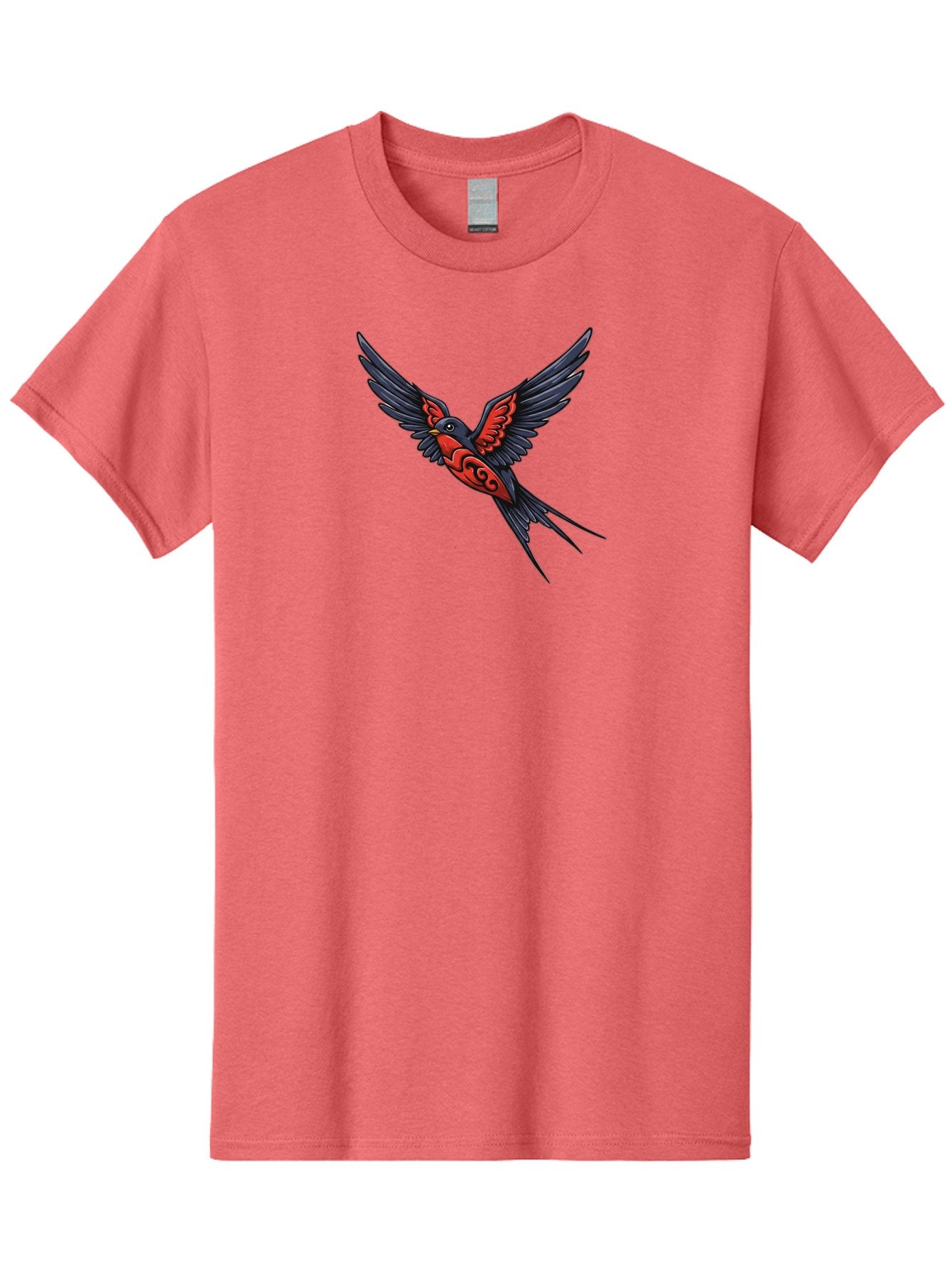 Swallow-In-Flight-1 Men'S Graphic Tee, 100% Cotton, Comfortable Casual Summer Wear, Machine Washable, Tribal Swallow Design, Bird In Flight, Red And Black Artwork, Tattoo Inspiration, Symbolic Bird, Winged Creature, Traditional Tattoo Art, Bae296 7