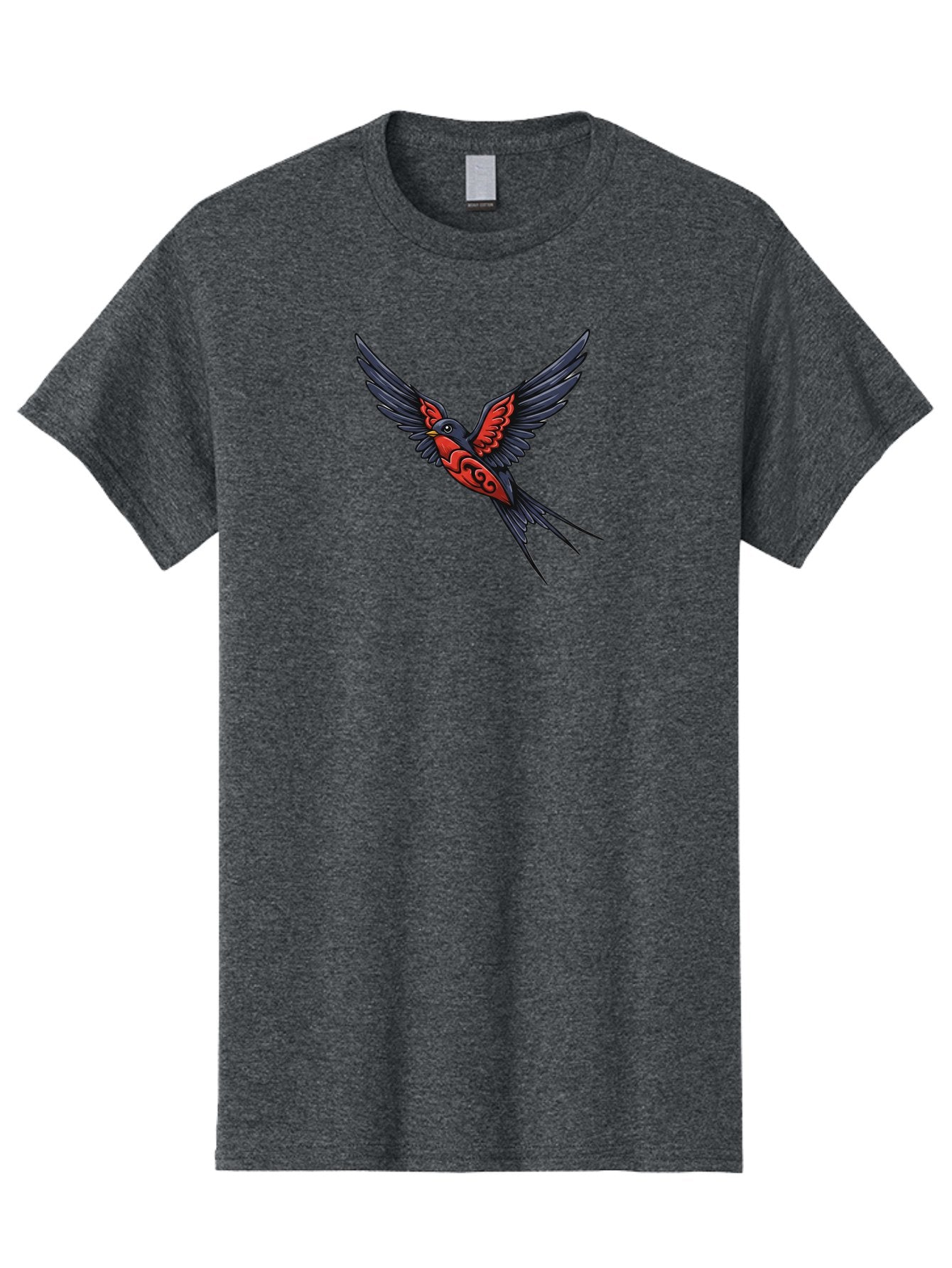 Swallow-In-Flight-1 Men'S Graphic Tee, 100% Cotton, Comfortable Casual Summer Wear, Machine Washable, Tribal Swallow Design, Bird In Flight, Red And Black Artwork, Tattoo Inspiration, Symbolic Bird, Winged Creature, Traditional Tattoo Art, Bae296 10