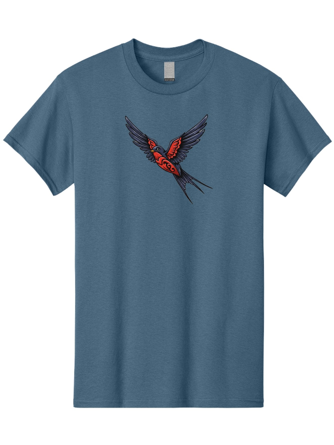 Swallow-In-Flight-1 Men'S Graphic Tee, 100% Cotton, Comfortable Casual Summer Wear, Machine Washable, Tribal Swallow Design, Bird In Flight, Red And Black Artwork, Tattoo Inspiration, Symbolic Bird, Winged Creature, Traditional Tattoo Art, Bae296 8