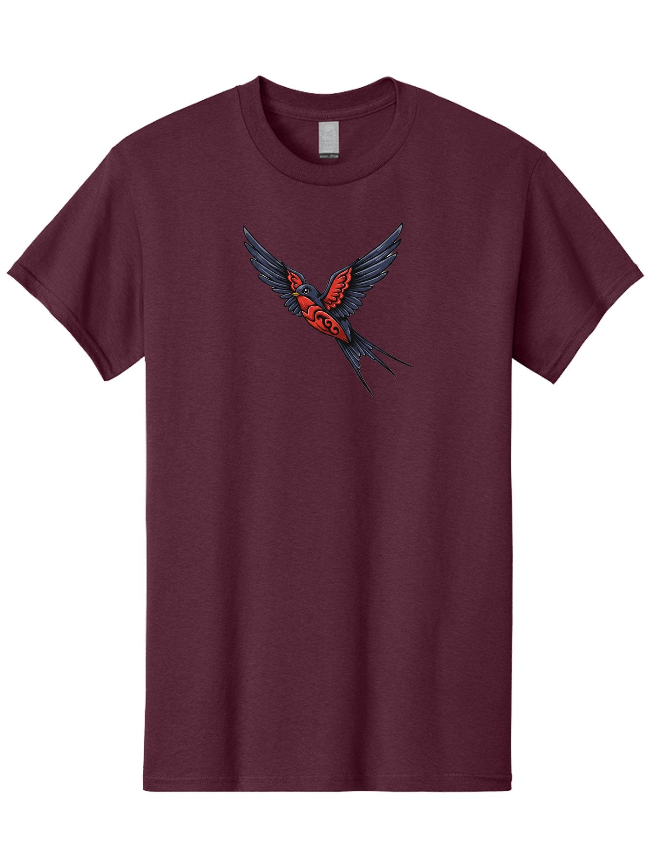 Swallow-In-Flight-1 Men'S Graphic Tee, 100% Cotton, Comfortable Casual Summer Wear, Machine Washable, Tribal Swallow Design, Bird In Flight, Red And Black Artwork, Tattoo Inspiration, Symbolic Bird, Winged Creature, Traditional Tattoo Art, Bae296 5
