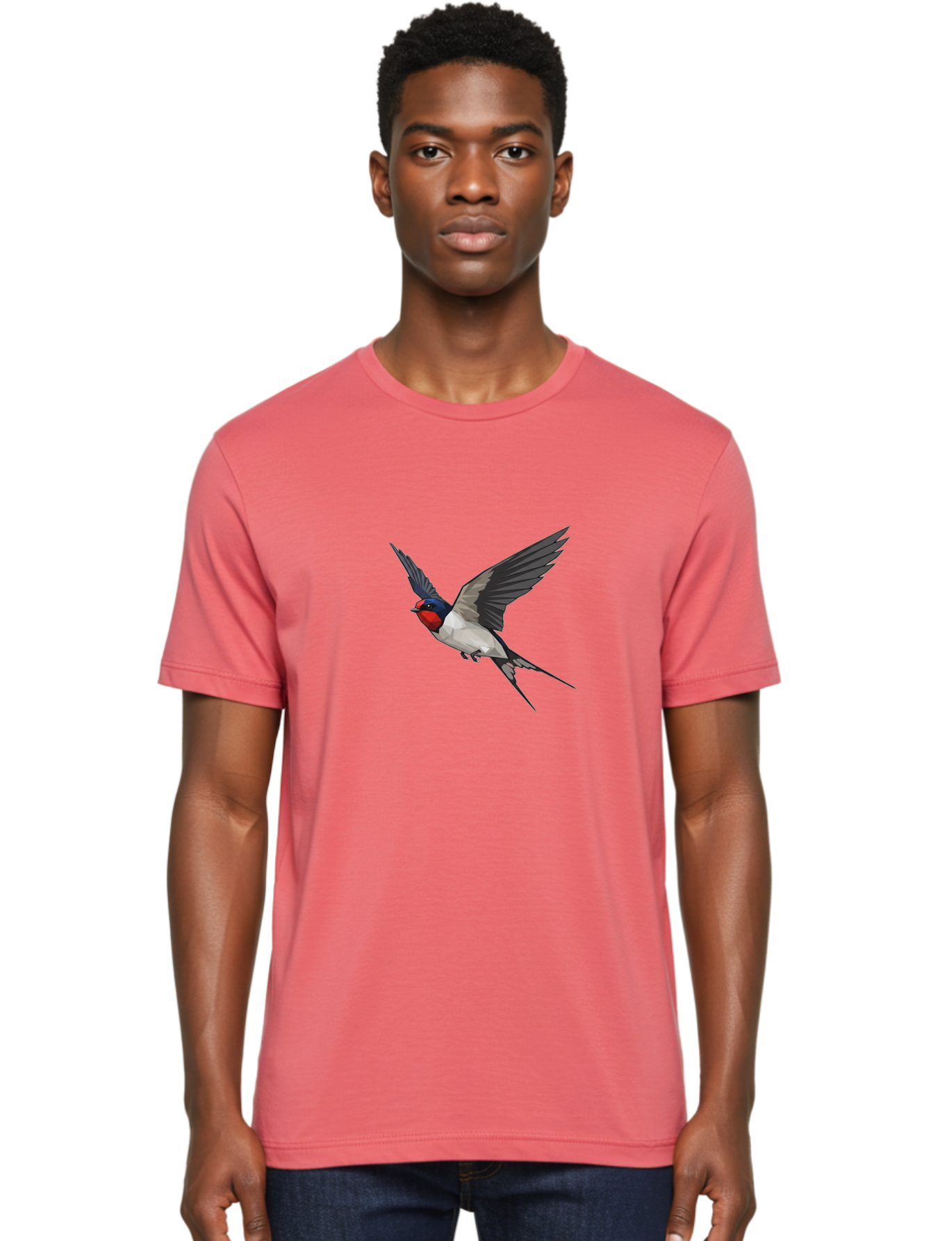 Swallow Men'S Graphic Tee, 100% Cotton, Comfortable Casual Summer Wear, Machine Washable, Swallow In Flight, Bird Flying, Wildlife Illustration, Colorful Plumage, Dynamic Movement, Avian Art, Cartoon Bird, Red Face, Blue Head, White Body, Bae299 24