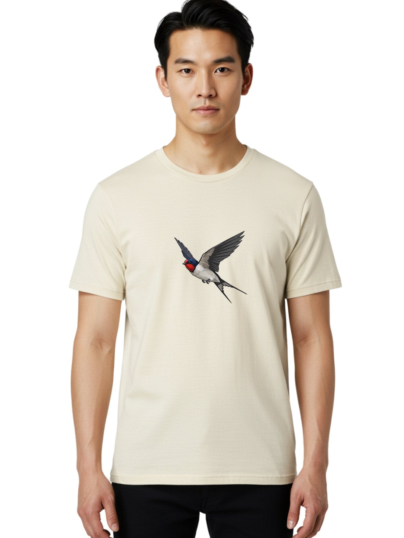 Swallow Men'S Graphic Tee, 100% Cotton, Comfortable Casual Summer Wear, Machine Washable, Swallow In Flight, Bird Flying, Wildlife Illustration, Colorful Plumage, Dynamic Movement, Avian Art, Cartoon Bird, Red Face, Blue Head, White Body, Bae299 29