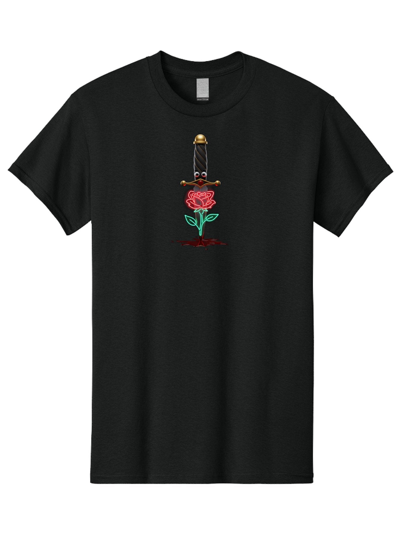 Sword-Stabbing-Rose Men'S Graphic Tee, 100% Cotton, Comfortable Casual Summer Wear, Machine Washable, Cartoon Sword, Stabbed Rose, Blood Splatter, Cartoon Eyes, Red Rose, Fantasy Art, Gothic Symbolism, Symbolic Imagery, Dark Romance Bae300 10