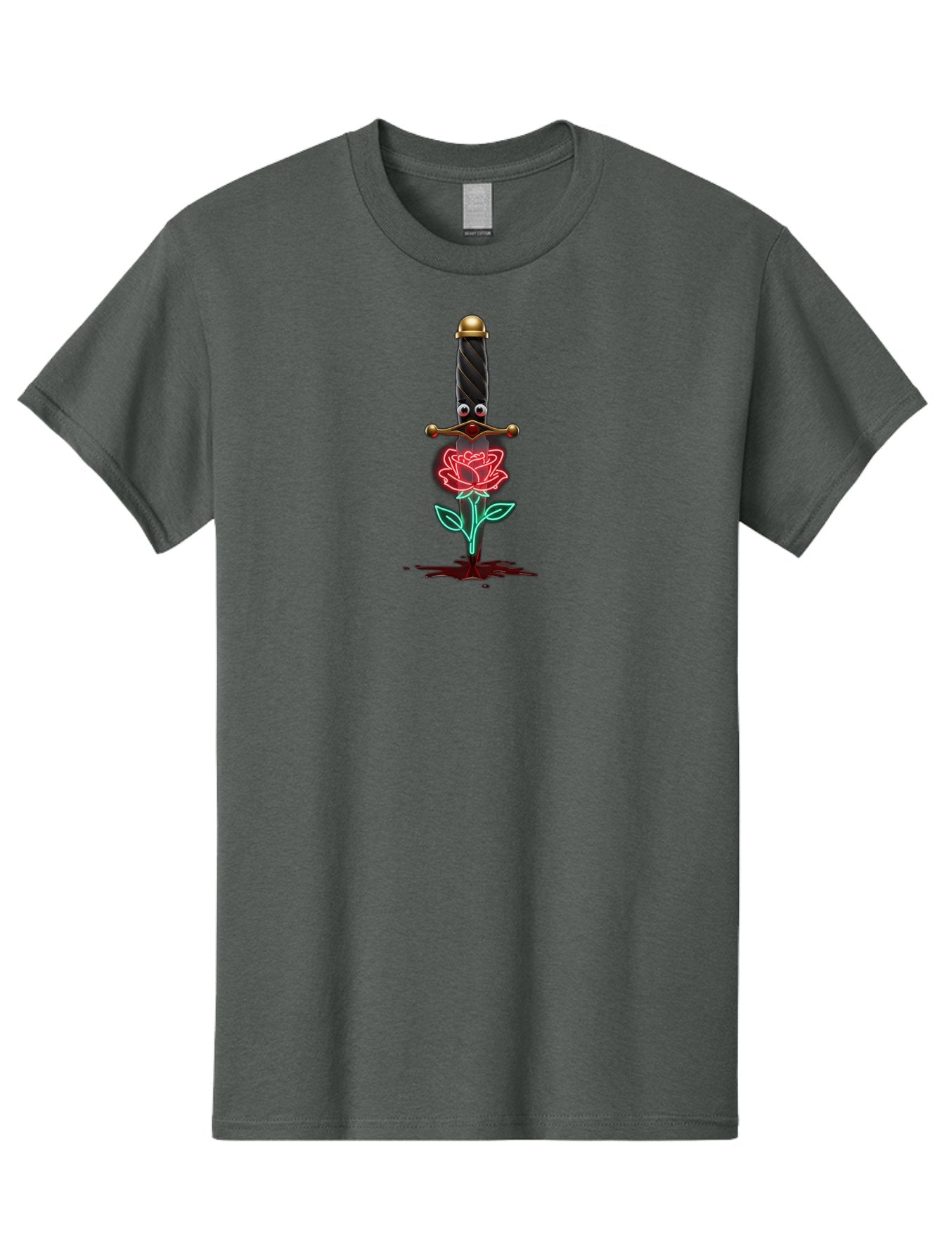Sword-Stabbing-Rose Men'S Graphic Tee, 100% Cotton, Comfortable Casual Summer Wear, Machine Washable, Cartoon Sword, Stabbed Rose, Blood Splatter, Cartoon Eyes, Red Rose, Fantasy Art, Gothic Symbolism, Symbolic Imagery, Dark Romance Bae300