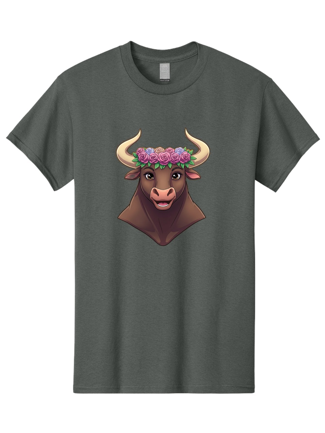 Taurus-Bull-Head Men'S Graphic Tee, 100% Cotton, Comfortable Casual Summer Wear, Machine Washable, Cartoon Bull, Floral Crown, Pink Roses, Purple Flowers, Happy Expression, Brown Cow, Large Horns, Whimsical Design, Illustration Art, Bae303