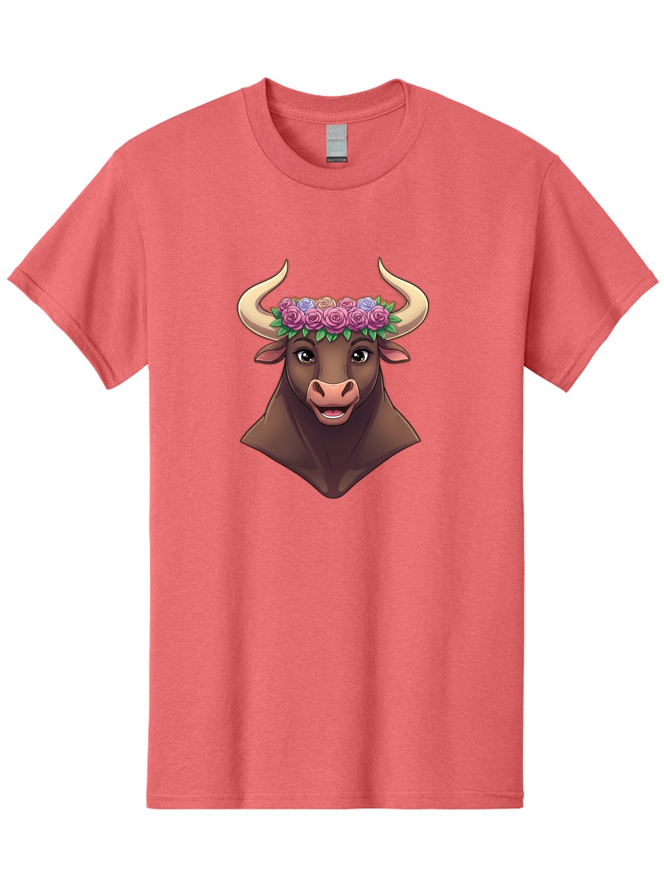 Taurus-Bull-Head Men'S Graphic Tee, 100% Cotton, Comfortable Casual Summer Wear, Machine Washable, Cartoon Bull, Floral Crown, Pink Roses, Purple Flowers, Happy Expression, Brown Cow, Large Horns, Whimsical Design, Illustration Art, Bae303 3