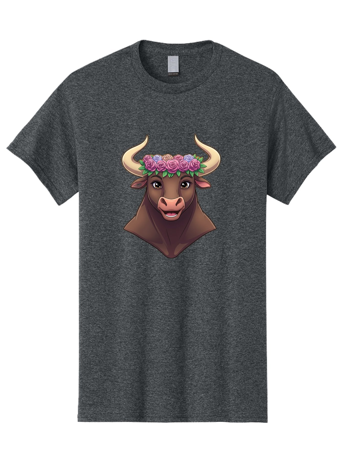 Taurus-Bull-Head Men'S Graphic Tee, 100% Cotton, Comfortable Casual Summer Wear, Machine Washable, Cartoon Bull, Floral Crown, Pink Roses, Purple Flowers, Happy Expression, Brown Cow, Large Horns, Whimsical Design, Illustration Art, Bae303 12