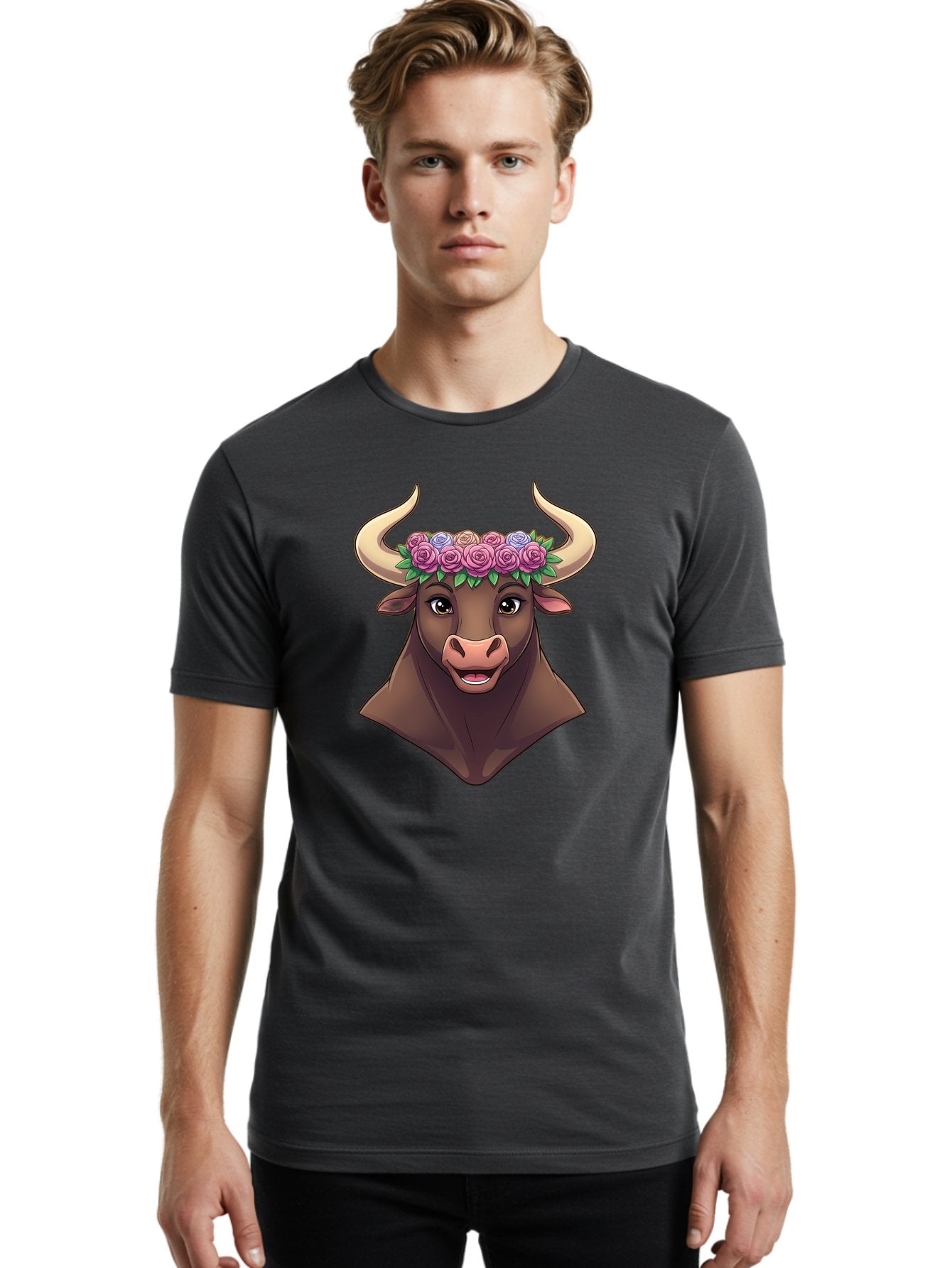 Taurus-Bull-Head Men'S Graphic Tee, 100% Cotton, Comfortable Casual Summer Wear, Machine Washable, Cartoon Bull, Floral Crown, Pink Roses, Purple Flowers, Happy Expression, Brown Cow, Large Horns, Whimsical Design, Illustration Art, Bae303 28