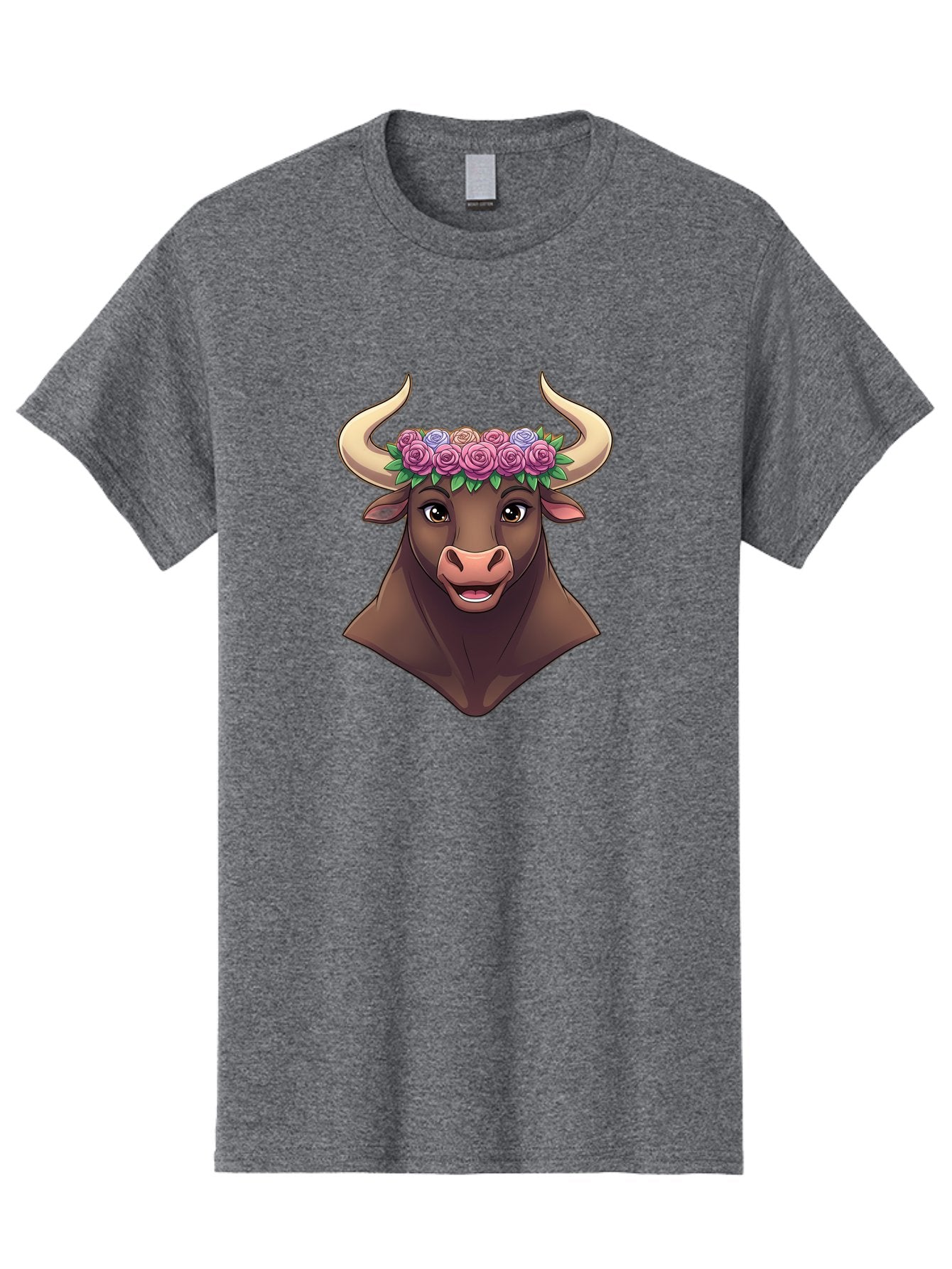 Taurus-Bull-Head Men'S Graphic Tee, 100% Cotton, Comfortable Casual Summer Wear, Machine Washable, Cartoon Bull, Floral Crown, Pink Roses, Purple Flowers, Happy Expression, Brown Cow, Large Horns, Whimsical Design, Illustration Art, Bae303 6