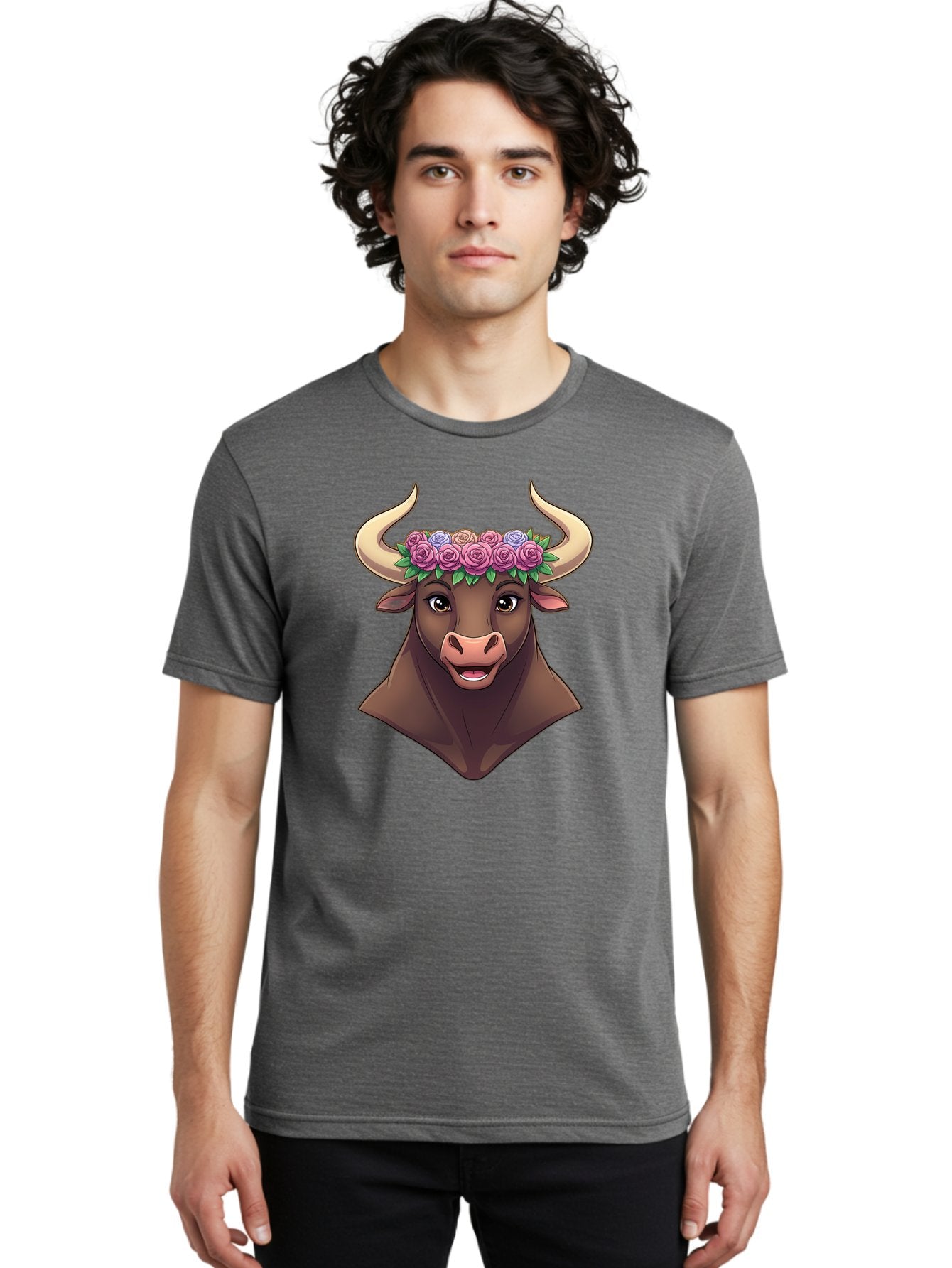 Taurus-Bull-Head Men'S Graphic Tee, 100% Cotton, Comfortable Casual Summer Wear, Machine Washable, Cartoon Bull, Floral Crown, Pink Roses, Purple Flowers, Happy Expression, Brown Cow, Large Horns, Whimsical Design, Illustration Art, Bae303 24