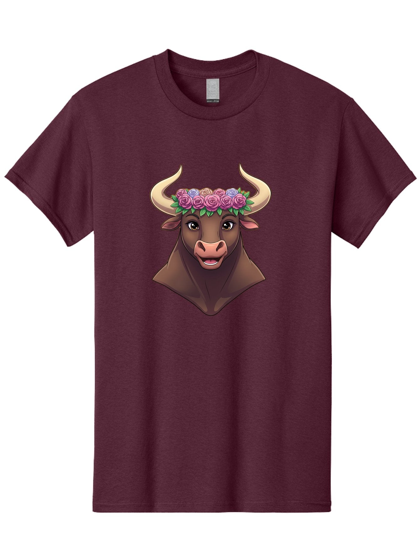 Taurus-Bull-Head Men'S Graphic Tee, 100% Cotton, Comfortable Casual Summer Wear, Machine Washable, Cartoon Bull, Floral Crown, Pink Roses, Purple Flowers, Happy Expression, Brown Cow, Large Horns, Whimsical Design, Illustration Art, Bae303 4