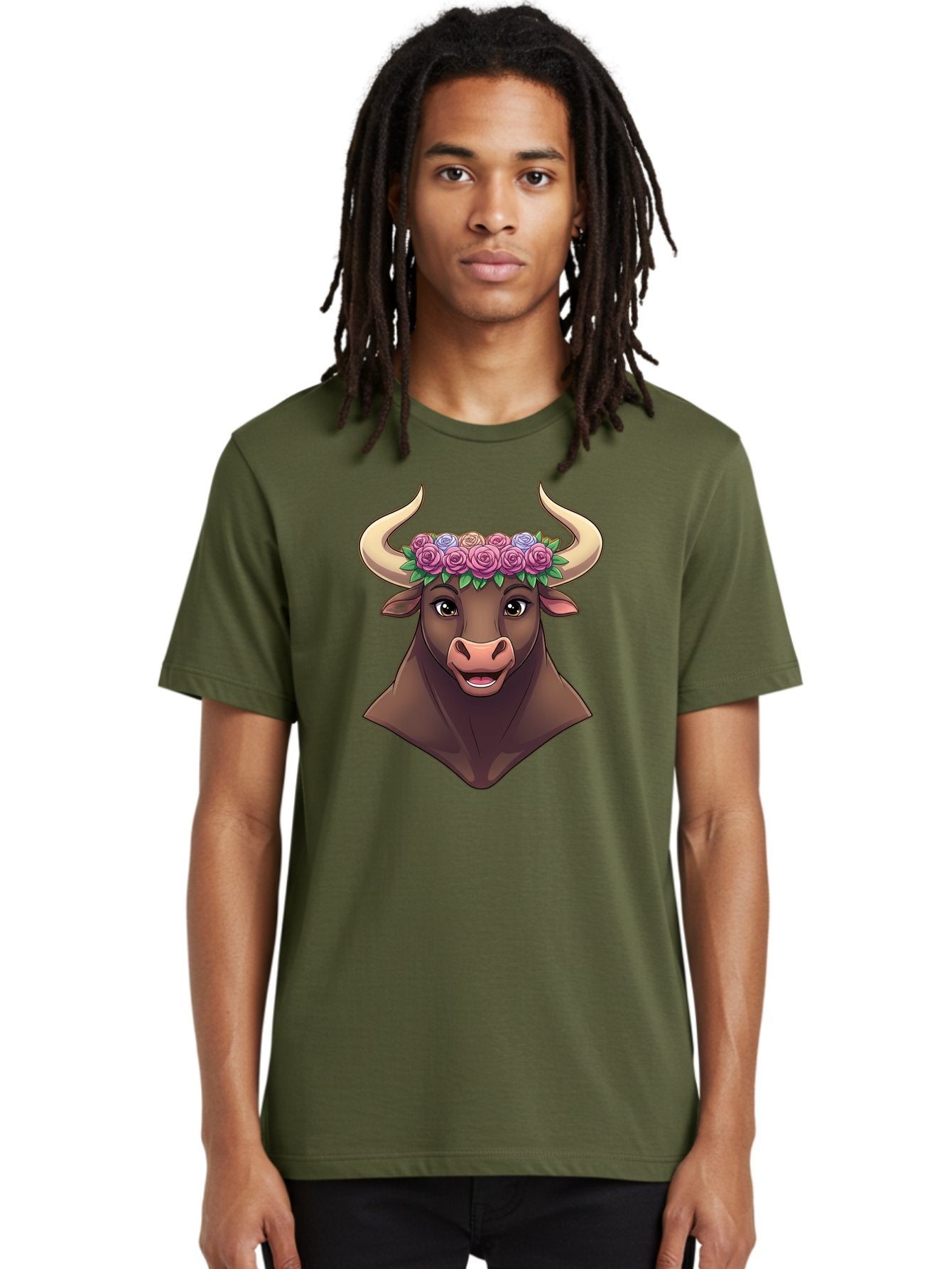 Taurus-Bull-Head Men'S Graphic Tee, 100% Cotton, Comfortable Casual Summer Wear, Machine Washable, Cartoon Bull, Floral Crown, Pink Roses, Purple Flowers, Happy Expression, Brown Cow, Large Horns, Whimsical Design, Illustration Art, Bae303 26