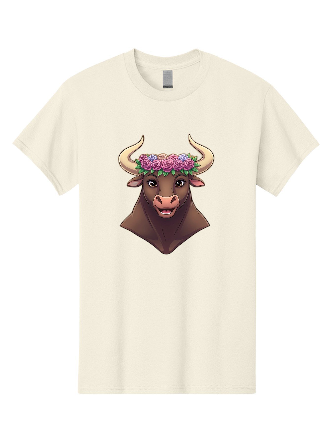 Taurus-Bull-Head Men'S Graphic Tee, 100% Cotton, Comfortable Casual Summer Wear, Machine Washable, Cartoon Bull, Floral Crown, Pink Roses, Purple Flowers, Happy Expression, Brown Cow, Large Horns, Whimsical Design, Illustration Art, Bae303