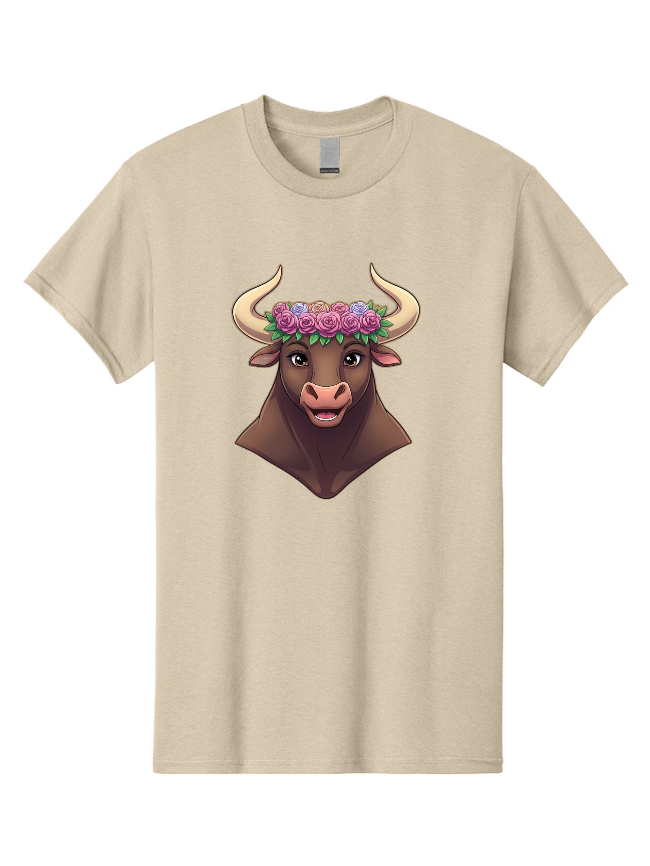 Taurus-Bull-Head Men'S Graphic Tee, 100% Cotton, Comfortable Casual Summer Wear, Machine Washable, Cartoon Bull, Floral Crown, Pink Roses, Purple Flowers, Happy Expression, Brown Cow, Large Horns, Whimsical Design, Illustration Art, Bae303 8