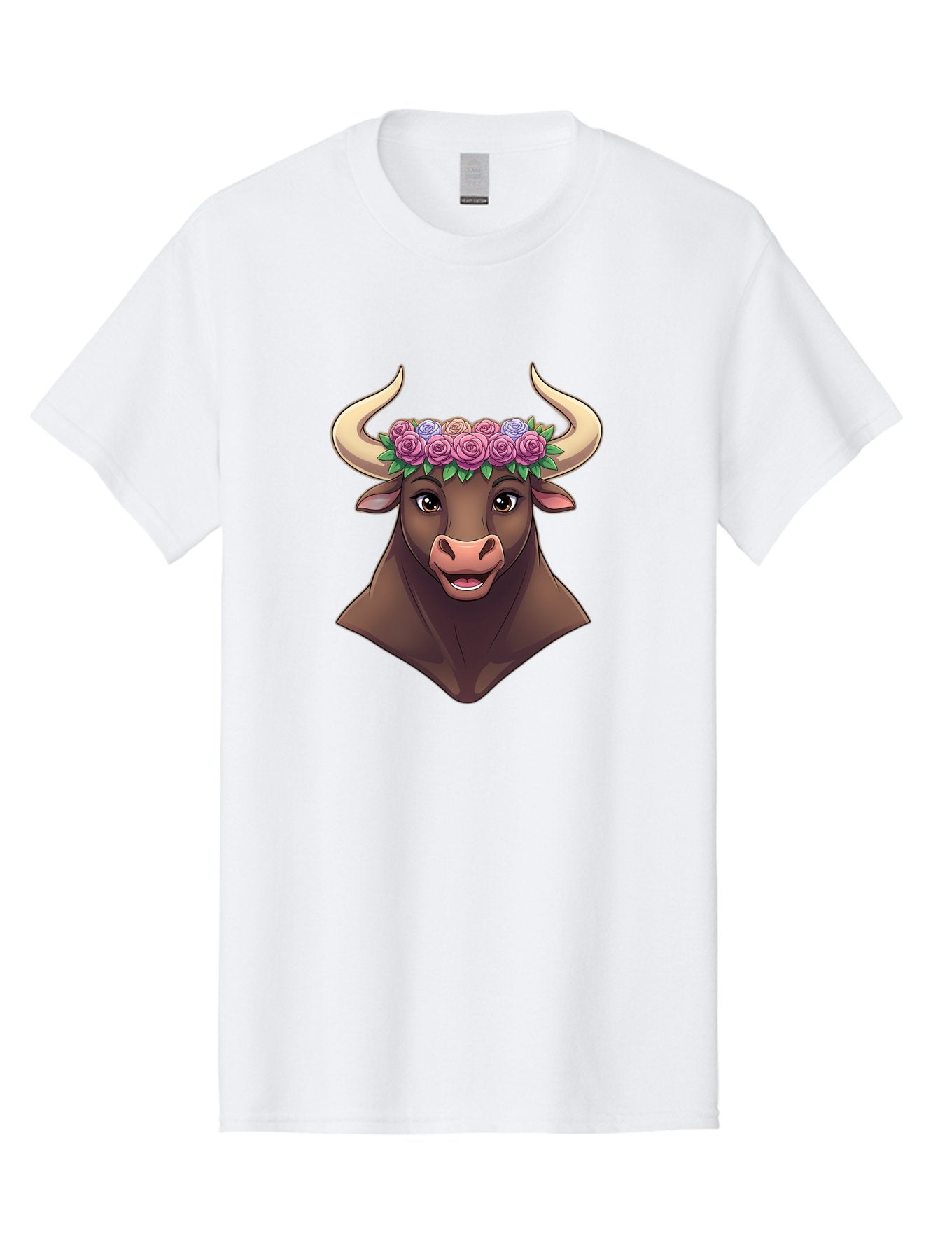 Taurus-Bull-Head Men'S Graphic Tee, 100% Cotton, Comfortable Casual Summer Wear, Machine Washable, Cartoon Bull, Floral Crown, Pink Roses, Purple Flowers, Happy Expression, Brown Cow, Large Horns, Whimsical Design, Illustration Art, Bae303 11