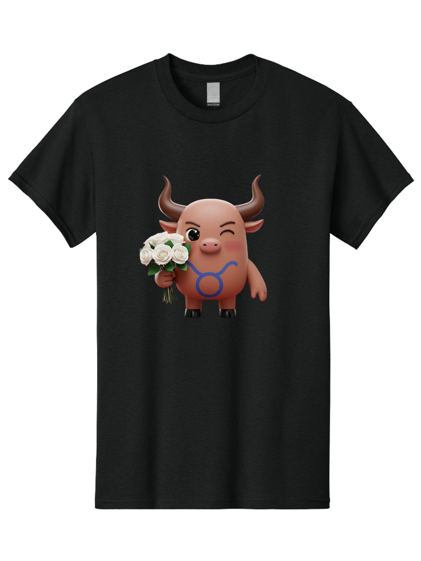 Taurus Men'S Graphic Tee, 100% Cotton, Comfortable Casual Summer Wear, Machine Washable, Taurus Zodiac Symbol, Cartoon Bull Character, Holding White Roses, Symbol Of Love, Astrological Sign, Bull Emoji, Cute Illustration, Zodiac Sign, Bae306 7