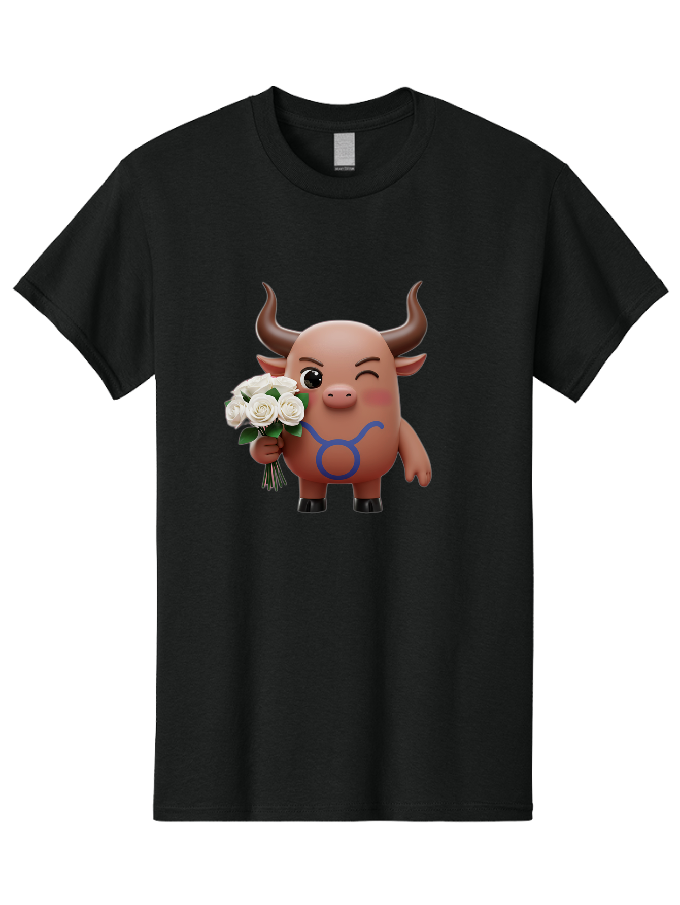 Taurus Men'S Graphic Tee, 100% Cotton, Comfortable Casual Summer Wear, Machine Washable, Taurus Zodiac Symbol, Cartoon Bull Character, Holding White Roses, Symbol Of Love, Astrological Sign, Bull Emoji, Cute Illustration, Zodiac Sign, Bae306 13