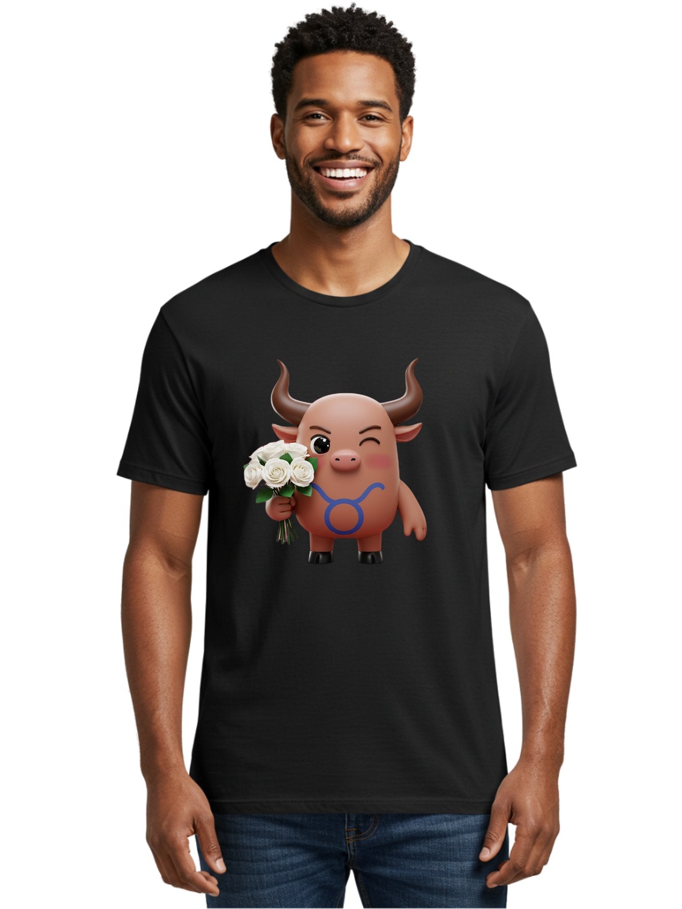 Taurus Men'S Graphic Tee, 100% Cotton, Comfortable Casual Summer Wear, Machine Washable, Taurus Zodiac Symbol, Cartoon Bull Character, Holding White Roses, Symbol Of Love, Astrological Sign, Bull Emoji, Cute Illustration, Zodiac Sign, Bae306 16