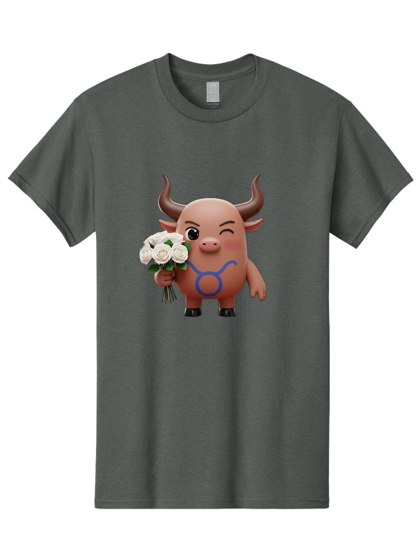 Taurus Men'S Graphic Tee, 100% Cotton, Comfortable Casual Summer Wear, Machine Washable, Taurus Zodiac Symbol, Cartoon Bull Character, Holding White Roses, Symbol Of Love, Astrological Sign, Bull Emoji, Cute Illustration, Zodiac Sign, Bae306 11