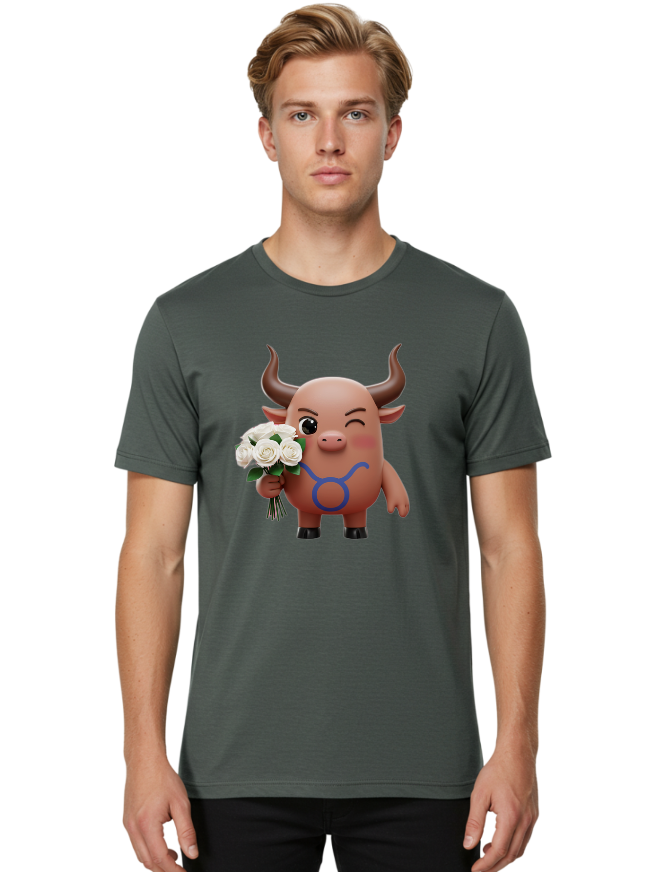 Taurus Men'S Graphic Tee, 100% Cotton, Comfortable Casual Summer Wear, Machine Washable, Taurus Zodiac Symbol, Cartoon Bull Character, Holding White Roses, Symbol Of Love, Astrological Sign, Bull Emoji, Cute Illustration, Zodiac Sign, Bae306 19