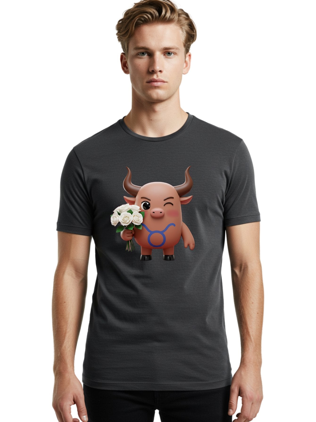 Taurus Men'S Graphic Tee, 100% Cotton, Comfortable Casual Summer Wear, Machine Washable, Taurus Zodiac Symbol, Cartoon Bull Character, Holding White Roses, Symbol Of Love, Astrological Sign, Bull Emoji, Cute Illustration, Zodiac Sign, Bae306 26