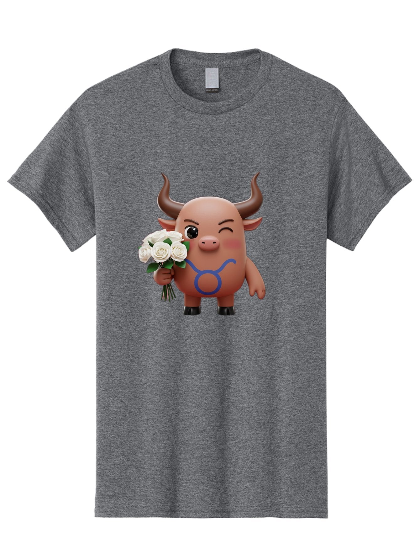 Taurus Men'S Graphic Tee, 100% Cotton, Comfortable Casual Summer Wear, Machine Washable, Taurus Zodiac Symbol, Cartoon Bull Character, Holding White Roses, Symbol Of Love, Astrological Sign, Bull Emoji, Cute Illustration, Zodiac Sign, Bae306 6