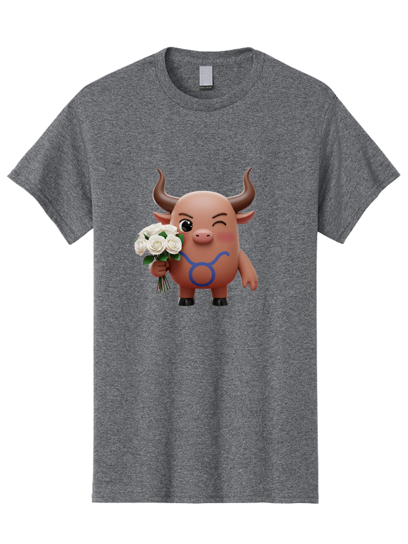 Taurus Men'S Graphic Tee, 100% Cotton, Comfortable Casual Summer Wear, Machine Washable, Taurus Zodiac Symbol, Cartoon Bull Character, Holding White Roses, Symbol Of Love, Astrological Sign, Bull Emoji, Cute Illustration, Zodiac Sign, Bae306 7