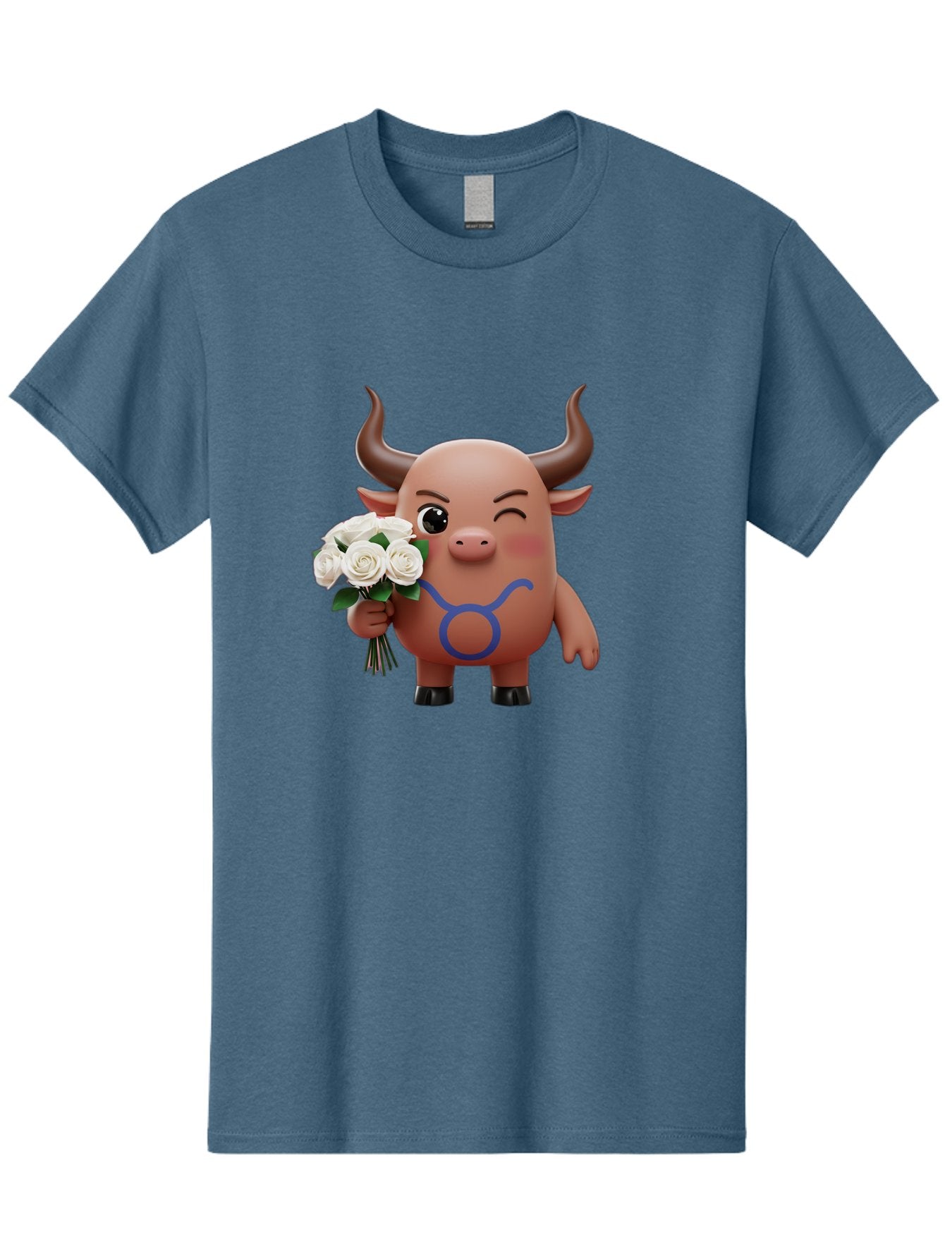 Taurus Men'S Graphic Tee, 100% Cotton, Comfortable Casual Summer Wear, Machine Washable, Taurus Zodiac Symbol, Cartoon Bull Character, Holding White Roses, Symbol Of Love, Astrological Sign, Bull Emoji, Cute Illustration, Zodiac Sign, Bae306
