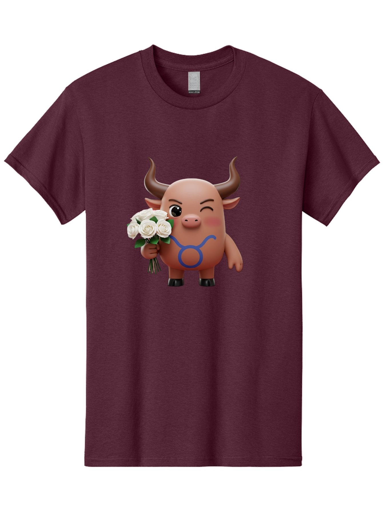 Taurus Men'S Graphic Tee, 100% Cotton, Comfortable Casual Summer Wear, Machine Washable, Taurus Zodiac Symbol, Cartoon Bull Character, Holding White Roses, Symbol Of Love, Astrological Sign, Bull Emoji, Cute Illustration, Zodiac Sign, Bae306 13