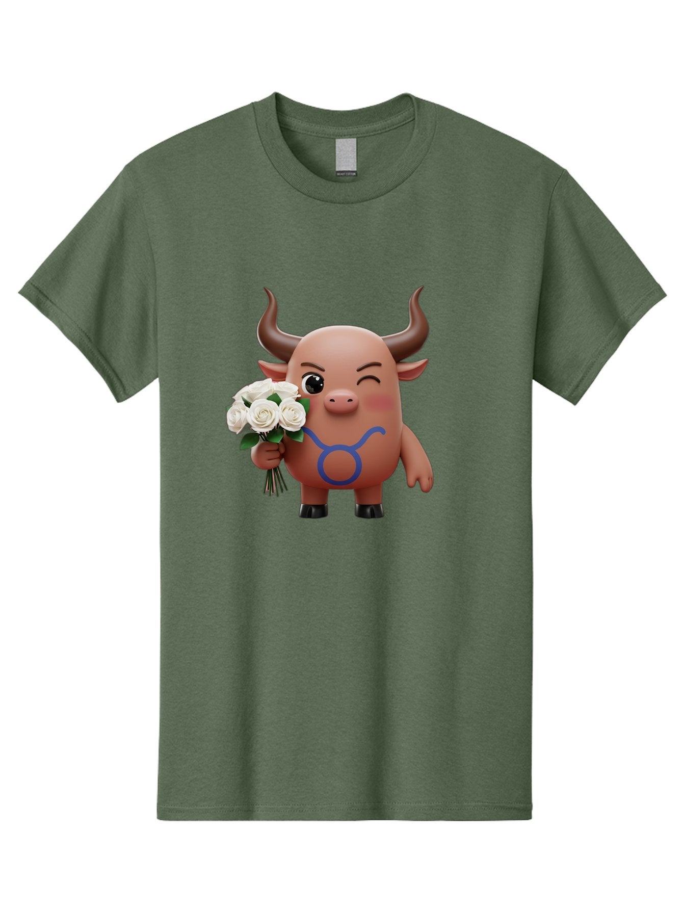 Taurus Men'S Graphic Tee, 100% Cotton, Comfortable Casual Summer Wear, Machine Washable, Taurus Zodiac Symbol, Cartoon Bull Character, Holding White Roses, Symbol Of Love, Astrological Sign, Bull Emoji, Cute Illustration, Zodiac Sign, Bae306 8