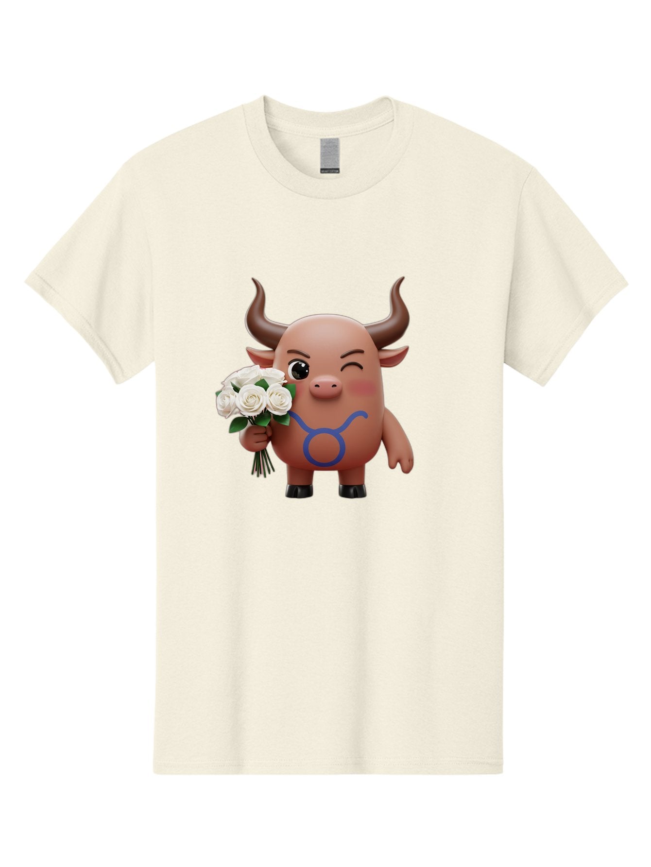 Taurus Men'S Graphic Tee, 100% Cotton, Comfortable Casual Summer Wear, Machine Washable, Taurus Zodiac Symbol, Cartoon Bull Character, Holding White Roses, Symbol Of Love, Astrological Sign, Bull Emoji, Cute Illustration, Zodiac Sign, Bae306 4