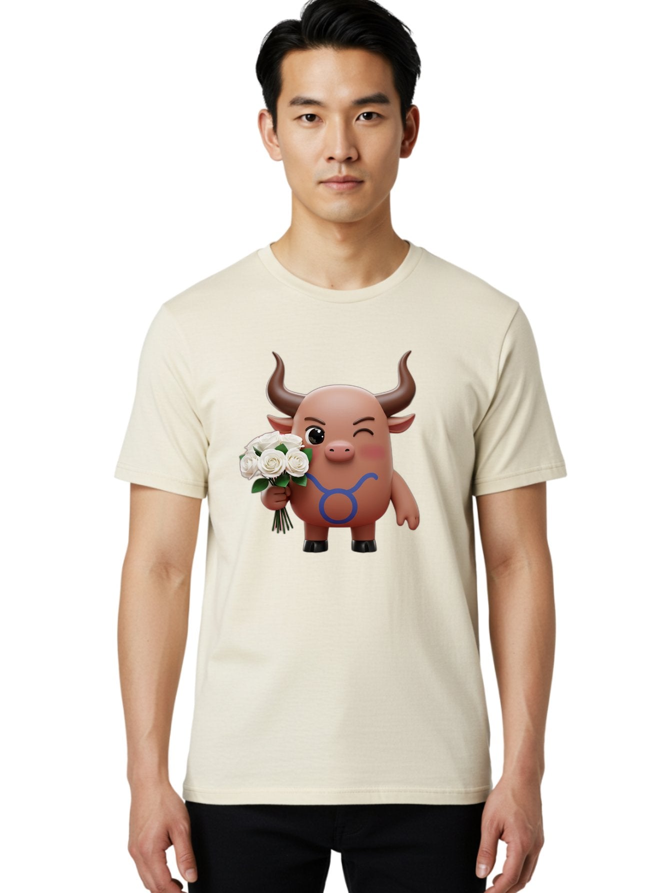 Taurus Men'S Graphic Tee, 100% Cotton, Comfortable Casual Summer Wear, Machine Washable, Taurus Zodiac Symbol, Cartoon Bull Character, Holding White Roses, Symbol Of Love, Astrological Sign, Bull Emoji, Cute Illustration, Zodiac Sign, Bae306 18