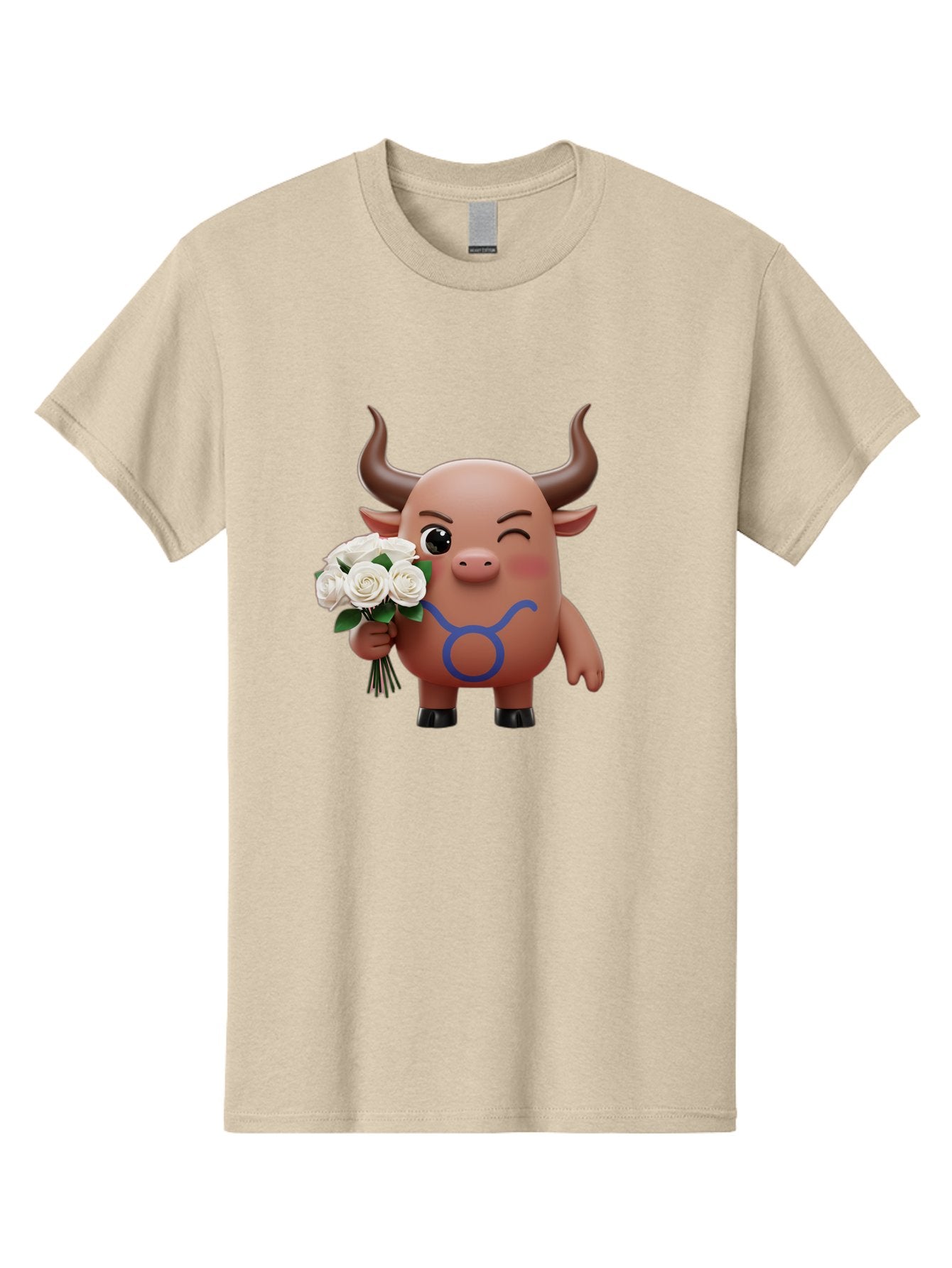 Taurus Men'S Graphic Tee, 100% Cotton, Comfortable Casual Summer Wear, Machine Washable, Taurus Zodiac Symbol, Cartoon Bull Character, Holding White Roses, Symbol Of Love, Astrological Sign, Bull Emoji, Cute Illustration, Zodiac Sign, Bae306 5