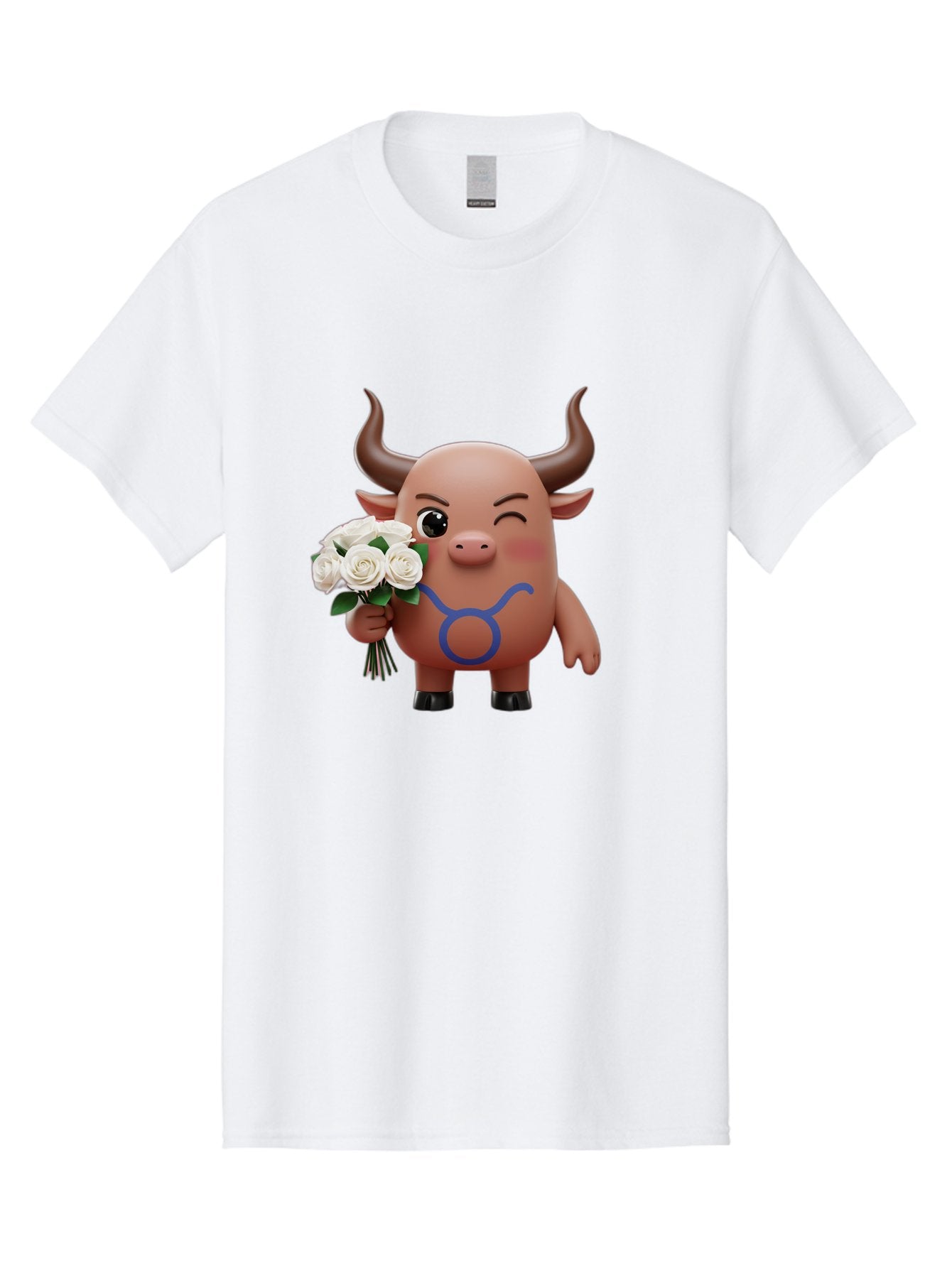 Taurus Men'S Graphic Tee, 100% Cotton, Comfortable Casual Summer Wear, Machine Washable, Taurus Zodiac Symbol, Cartoon Bull Character, Holding White Roses, Symbol Of Love, Astrological Sign, Bull Emoji, Cute Illustration, Zodiac Sign, Bae306 3