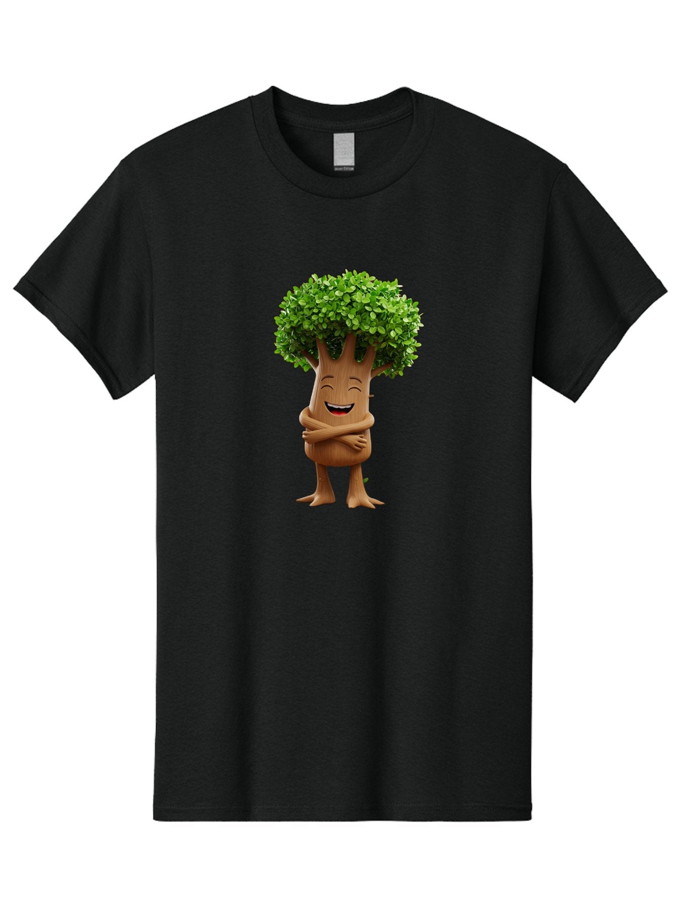 Tree-Character Men'S Graphic Tee, 100% Cotton, Comfortable Casual Summer Wear, Machine Washable, Cartoon Tree, Smiling Face, Happy Emotion, Green Leaves, Wooden Texture, Friendly Atmosphere, 3D Character, Eco-Friendly, Nature-Inspired, Bae308 5