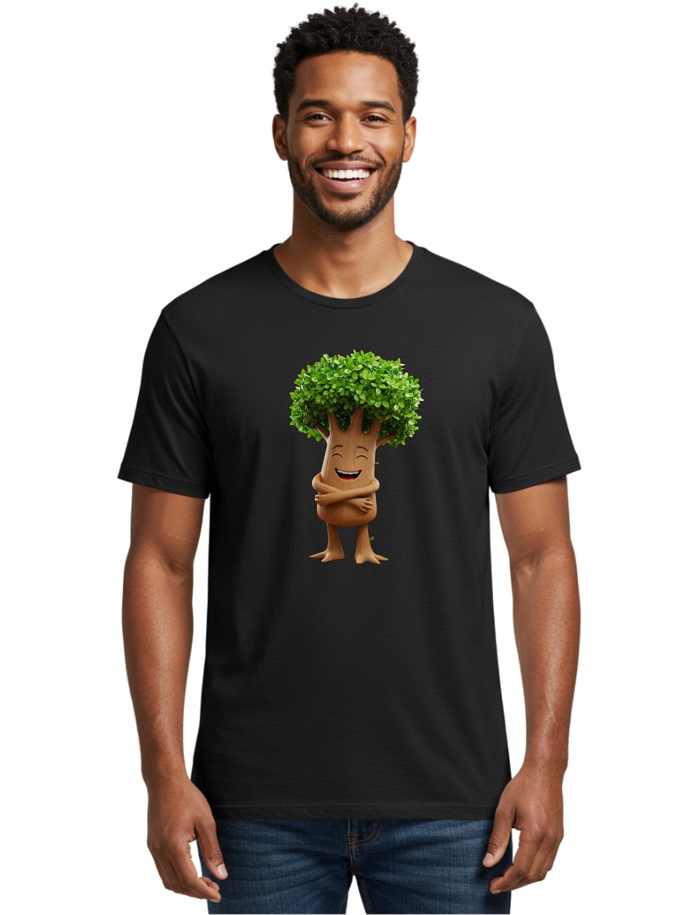 Tree-Character Men'S Graphic Tee, 100% Cotton, Comfortable Casual Summer Wear, Machine Washable, Cartoon Tree, Smiling Face, Happy Emotion, Green Leaves, Wooden Texture, Friendly Atmosphere, 3D Character, Eco-Friendly, Nature-Inspired, Bae308 23