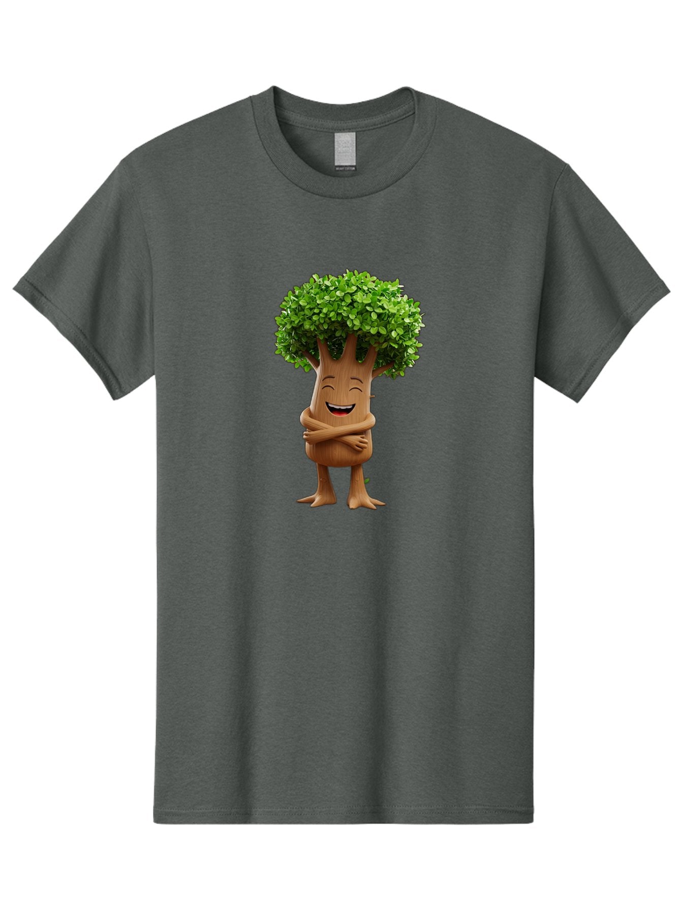 Tree-Character Men'S Graphic Tee, 100% Cotton, Comfortable Casual Summer Wear, Machine Washable, Cartoon Tree, Smiling Face, Happy Emotion, Green Leaves, Wooden Texture, Friendly Atmosphere, 3D Character, Eco-Friendly, Nature-Inspired, Bae308 10