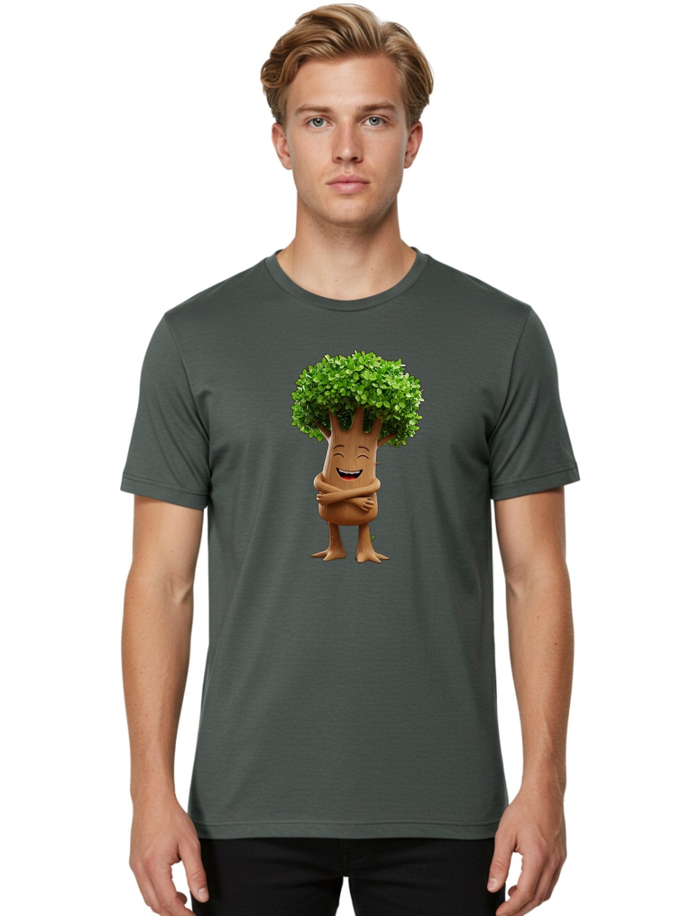 Tree-Character Men'S Graphic Tee, 100% Cotton, Comfortable Casual Summer Wear, Machine Washable, Cartoon Tree, Smiling Face, Happy Emotion, Green Leaves, Wooden Texture, Friendly Atmosphere, 3D Character, Eco-Friendly, Nature-Inspired, Bae308 17