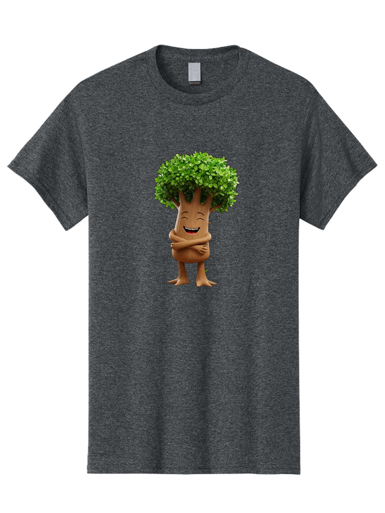 Tree-Character Men'S Graphic Tee, 100% Cotton, Comfortable Casual Summer Wear, Machine Washable, Cartoon Tree, Smiling Face, Happy Emotion, Green Leaves, Wooden Texture, Friendly Atmosphere, 3D Character, Eco-Friendly, Nature-Inspired, Bae308