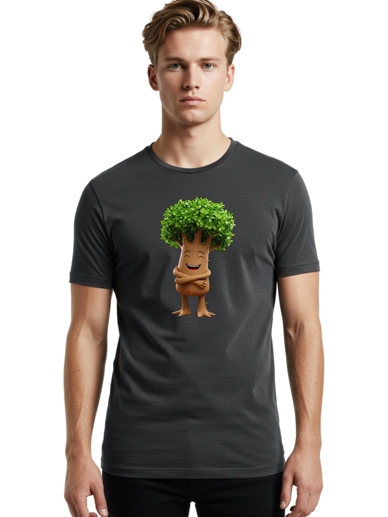 Tree-Character Men'S Graphic Tee, 100% Cotton, Comfortable Casual Summer Wear, Machine Washable, Cartoon Tree, Smiling Face, Happy Emotion, Green Leaves, Wooden Texture, Friendly Atmosphere, 3D Character, Eco-Friendly, Nature-Inspired, Bae308 21