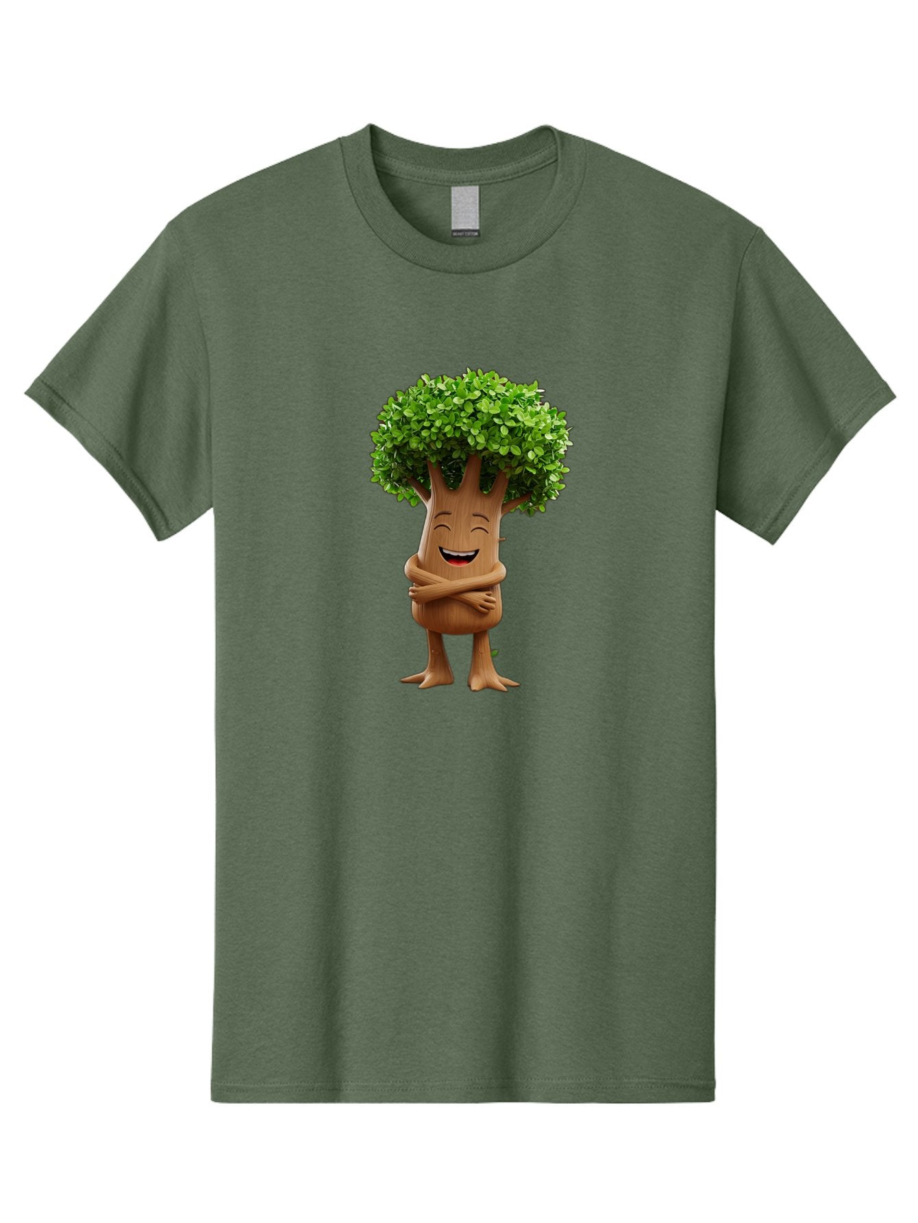 Tree-Character Men'S Graphic Tee, 100% Cotton, Comfortable Casual Summer Wear, Machine Washable, Cartoon Tree, Smiling Face, Happy Emotion, Green Leaves, Wooden Texture, Friendly Atmosphere, 3D Character, Eco-Friendly, Nature-Inspired, Bae308 9