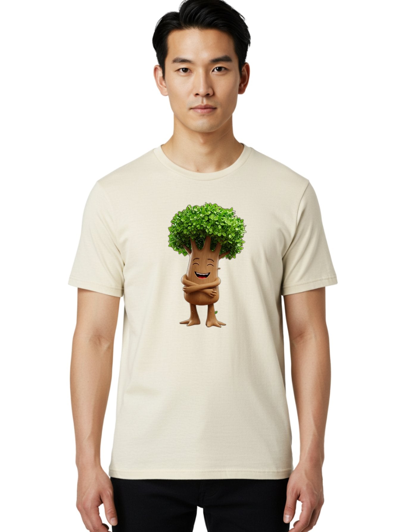 Tree-Character Men'S Graphic Tee, 100% Cotton, Comfortable Casual Summer Wear, Machine Washable, Cartoon Tree, Smiling Face, Happy Emotion, Green Leaves, Wooden Texture, Friendly Atmosphere, 3D Character, Eco-Friendly, Nature-Inspired, Bae308 30