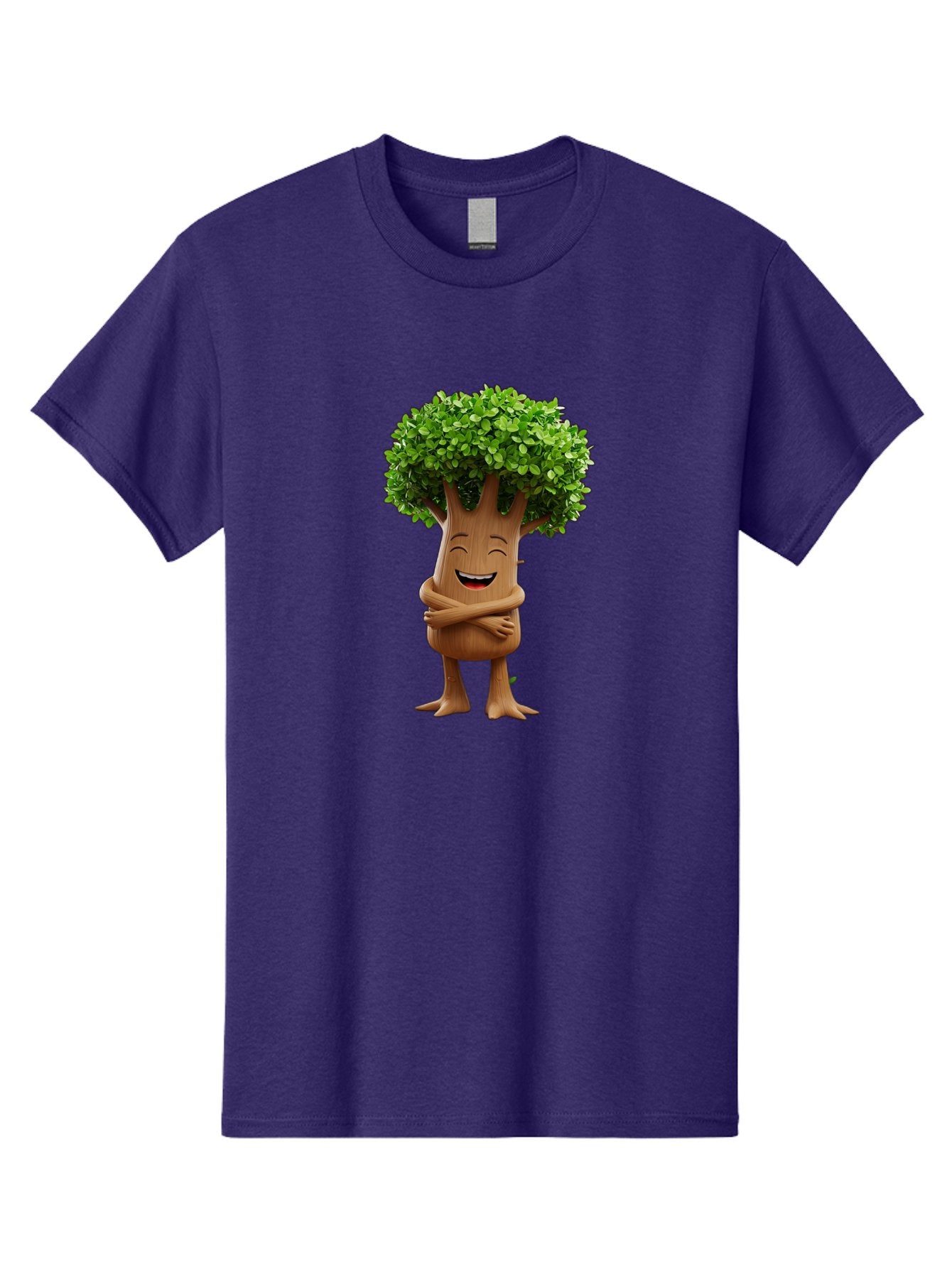 Tree-Character Men'S Graphic Tee, 100% Cotton, Comfortable Casual Summer Wear, Machine Washable, Cartoon Tree, Smiling Face, Happy Emotion, Green Leaves, Wooden Texture, Friendly Atmosphere, 3D Character, Eco-Friendly, Nature-Inspired, Bae308