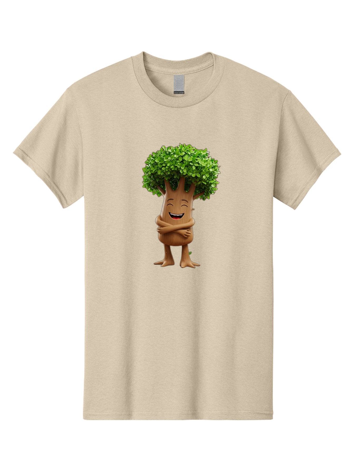 Tree-Character Men'S Graphic Tee, 100% Cotton, Comfortable Casual Summer Wear, Machine Washable, Cartoon Tree, Smiling Face, Happy Emotion, Green Leaves, Wooden Texture, Friendly Atmosphere, 3D Character, Eco-Friendly, Nature-Inspired, Bae308 11