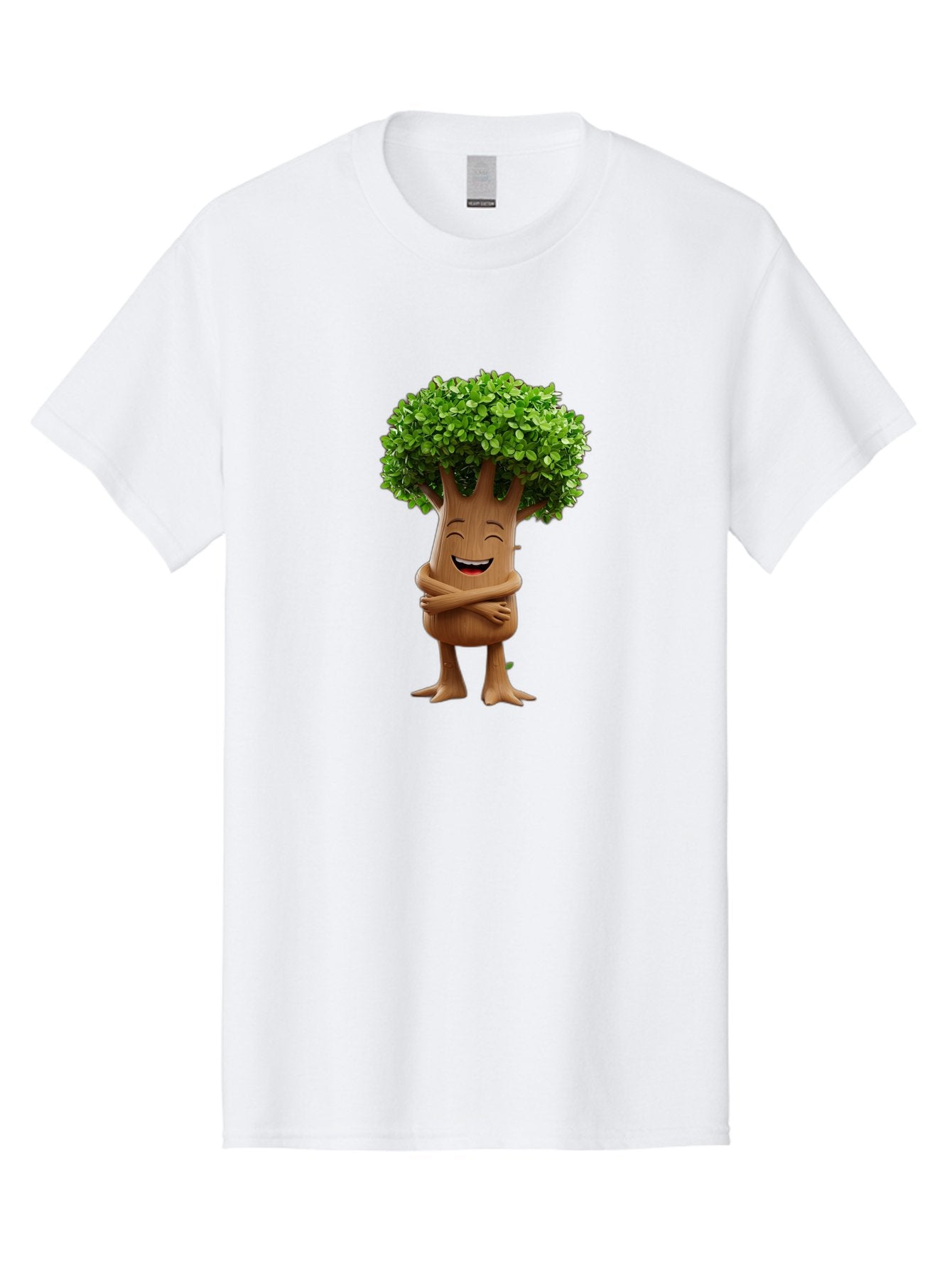 Tree-Character Men'S Graphic Tee, 100% Cotton, Comfortable Casual Summer Wear, Machine Washable, Cartoon Tree, Smiling Face, Happy Emotion, Green Leaves, Wooden Texture, Friendly Atmosphere, 3D Character, Eco-Friendly, Nature-Inspired, Bae308 3