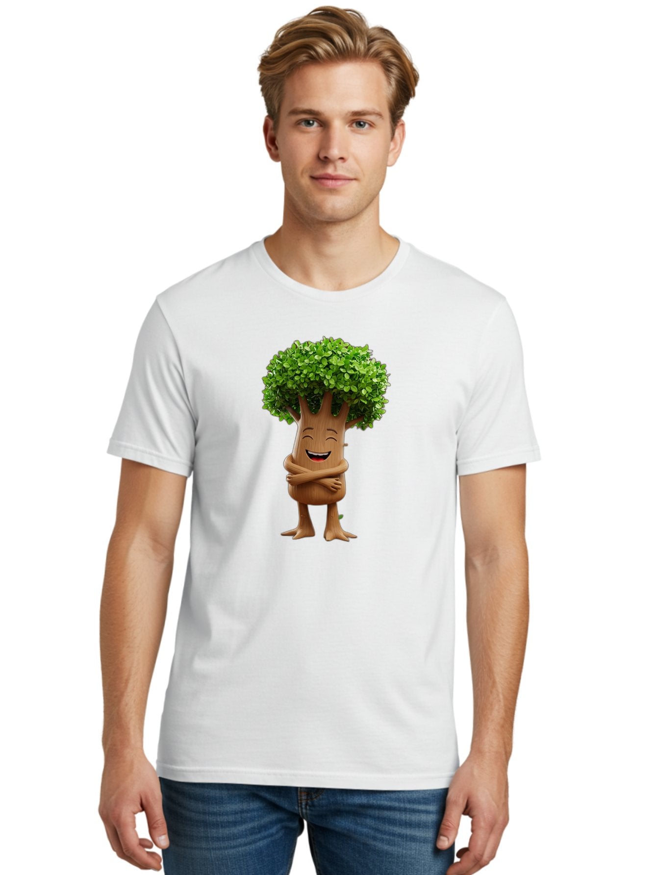 Tree-Character Men'S Graphic Tee, 100% Cotton, Comfortable Casual Summer Wear, Machine Washable, Cartoon Tree, Smiling Face, Happy Emotion, Green Leaves, Wooden Texture, Friendly Atmosphere, 3D Character, Eco-Friendly, Nature-Inspired, Bae308 22