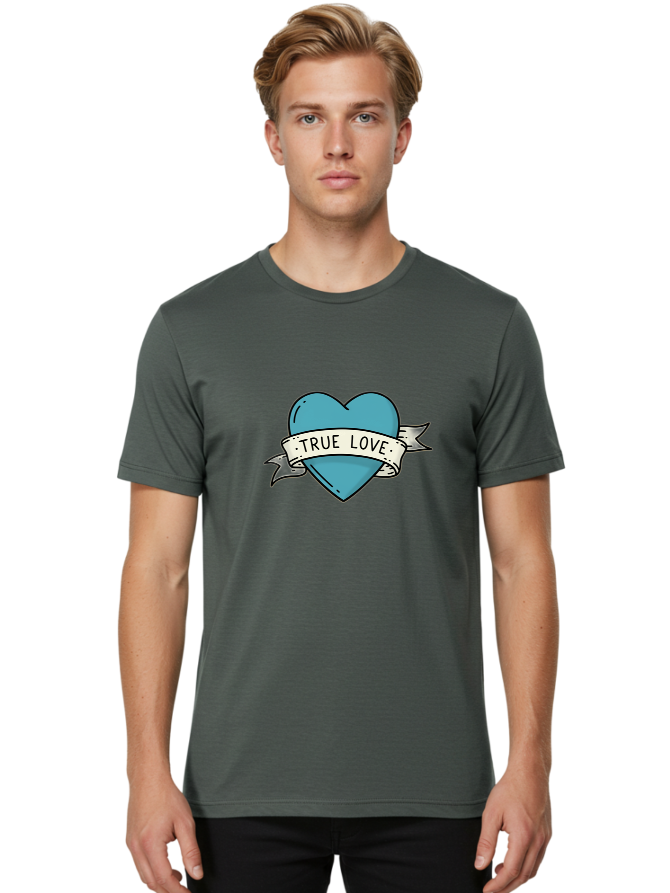 True-Love-1 Men'S Graphic Tee, 100% Cotton, Comfortable Casual Summer Wear, Machine Washable, Tattoo Heart Design, Blue Heart Illustration, True Love Symbol, Banner Wrapped Heart, Classic Tattoo Style, Simple Design Elements, Bae309 18